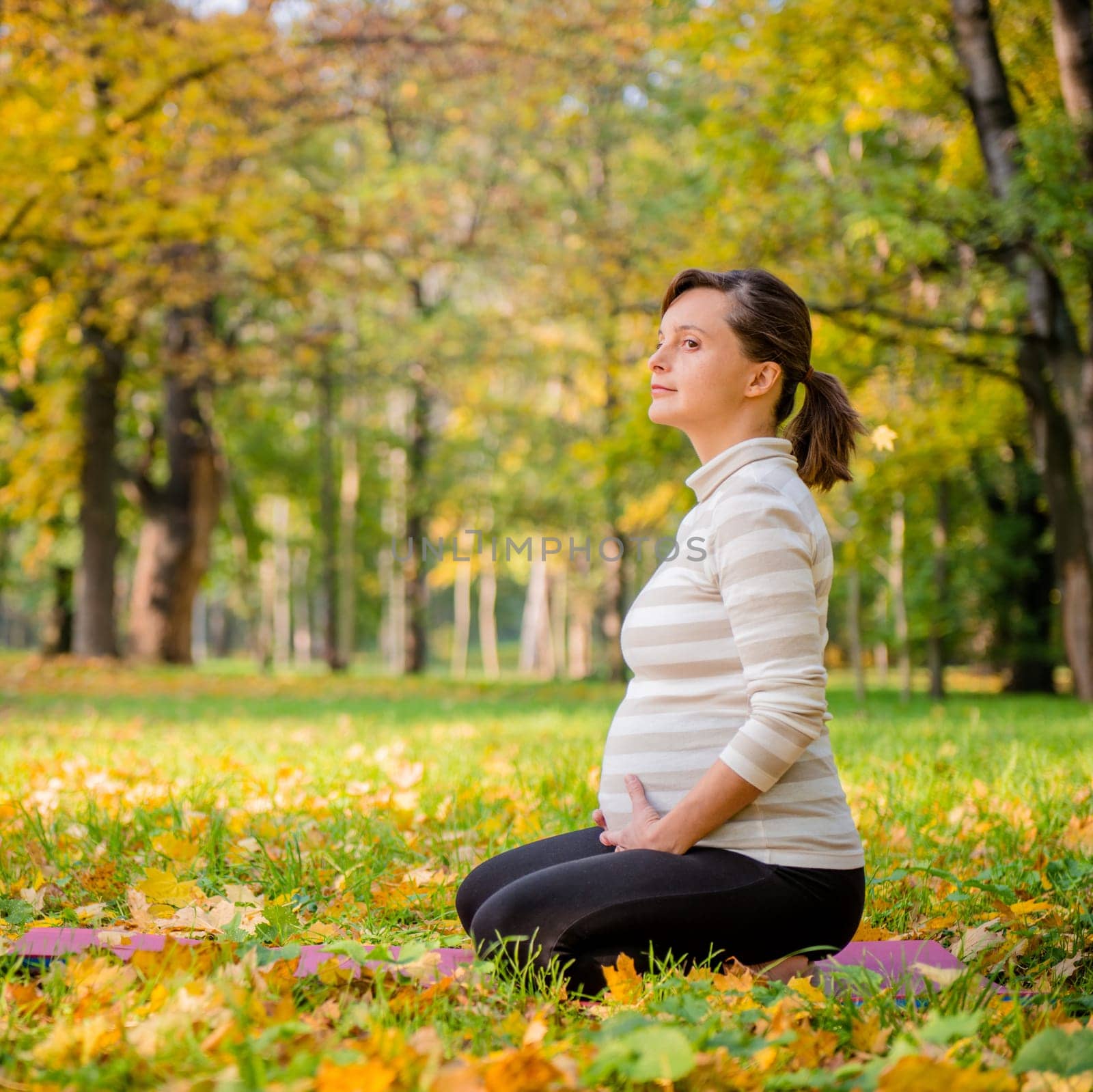 Young pregnant woman relaxing outdoor in beautiful autumn nature