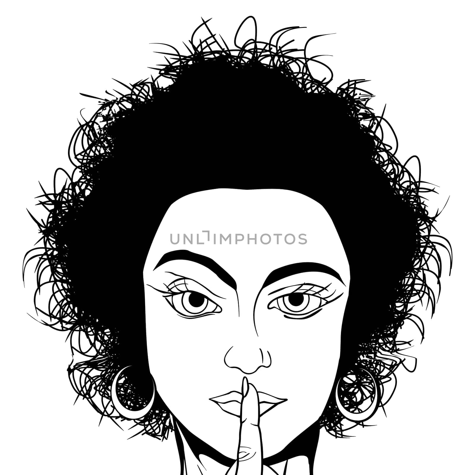 Comic style black and white drawing of a girl requestion silence