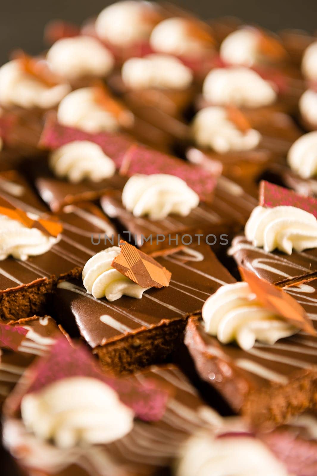 Decorative chocolate desserts with whipped cream ornament