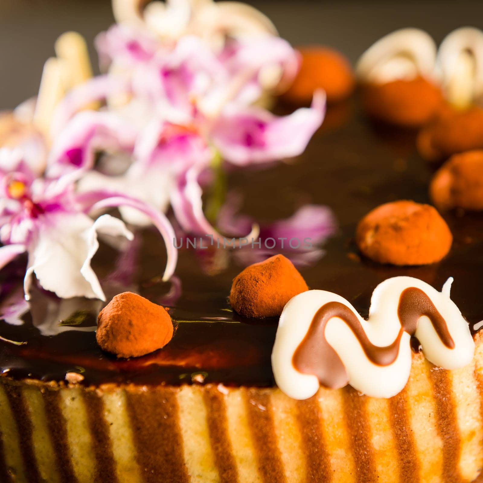 Richly decorated cake with chocolate coating and truffles on top