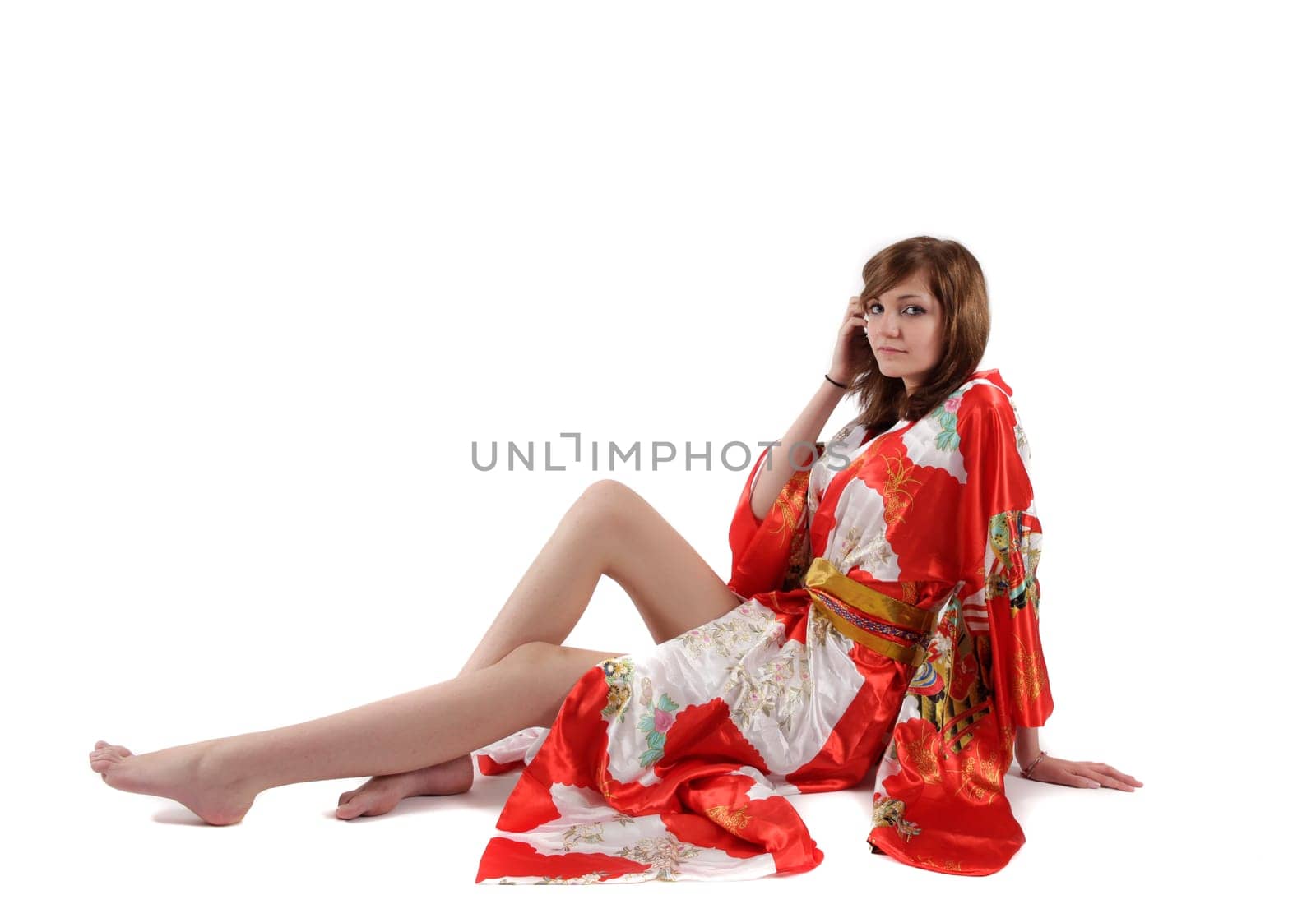 french young girl geisha in red silk kimono