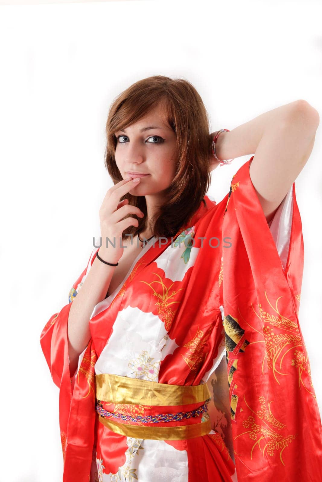 french young girl geisha in red silk kimono