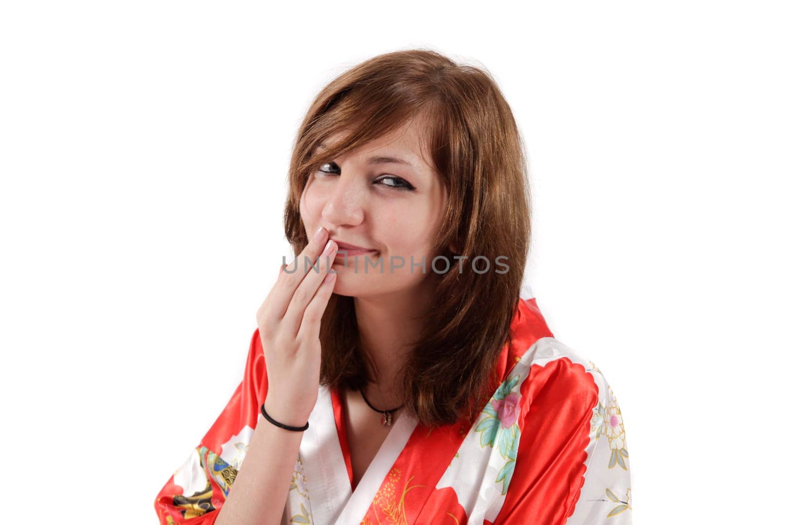 french young girl geisha in red silk kimono