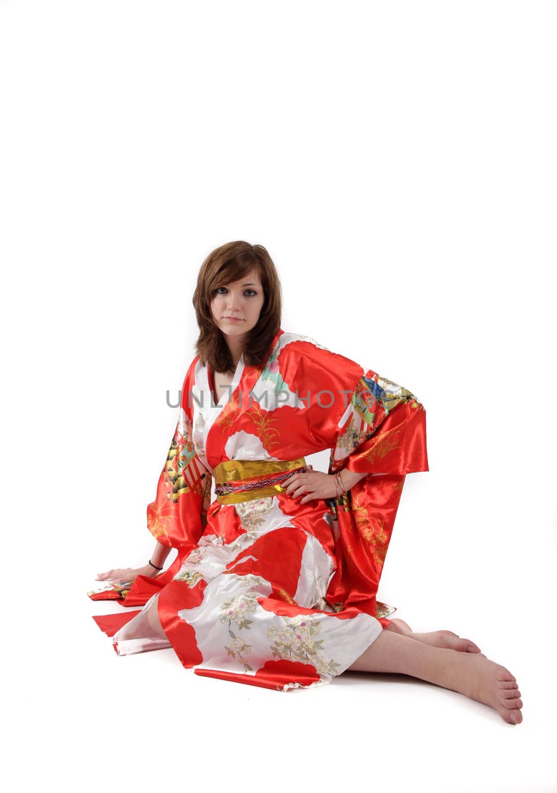 french young girl geisha in red silk kimono