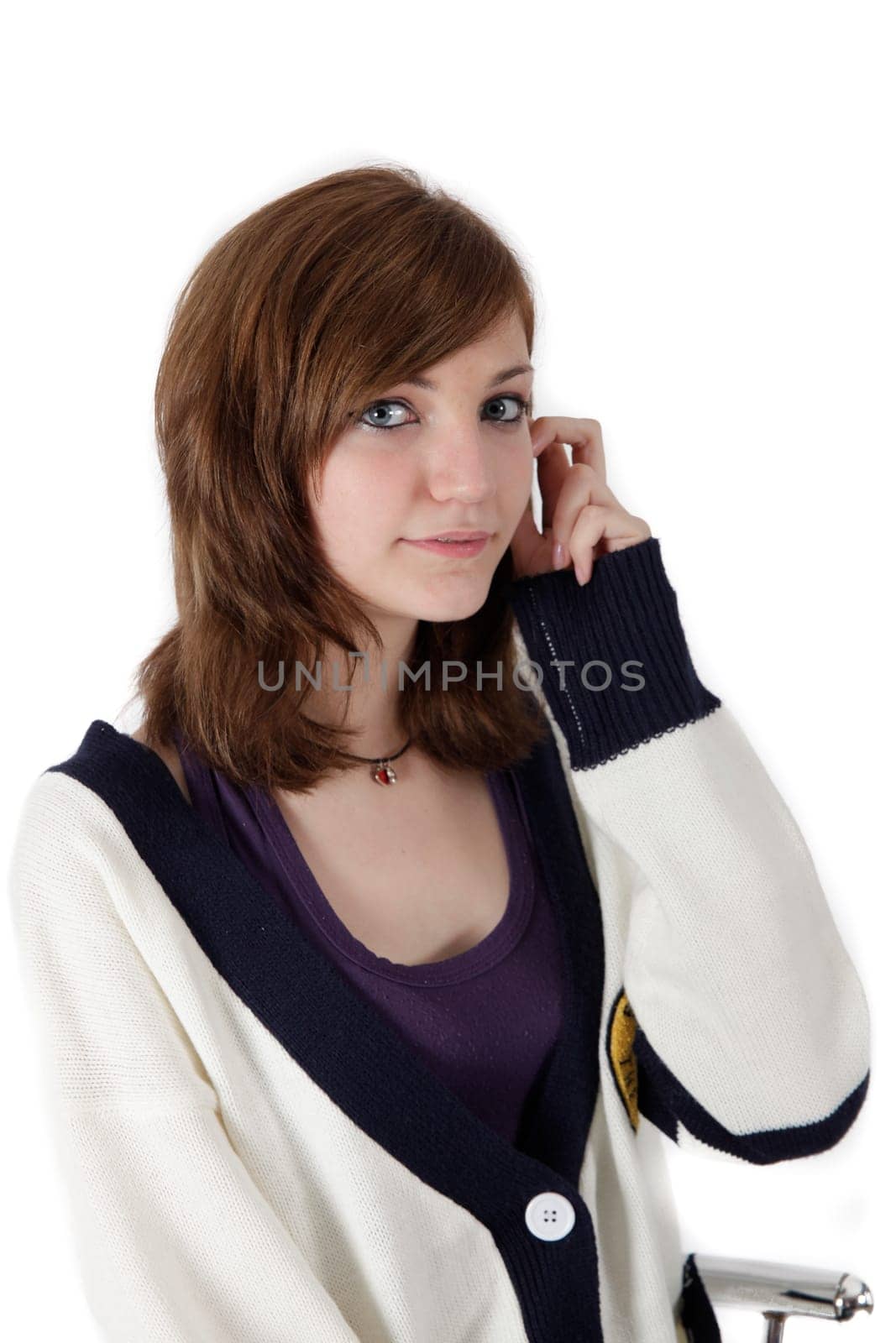 innocent young french woman on studio white background