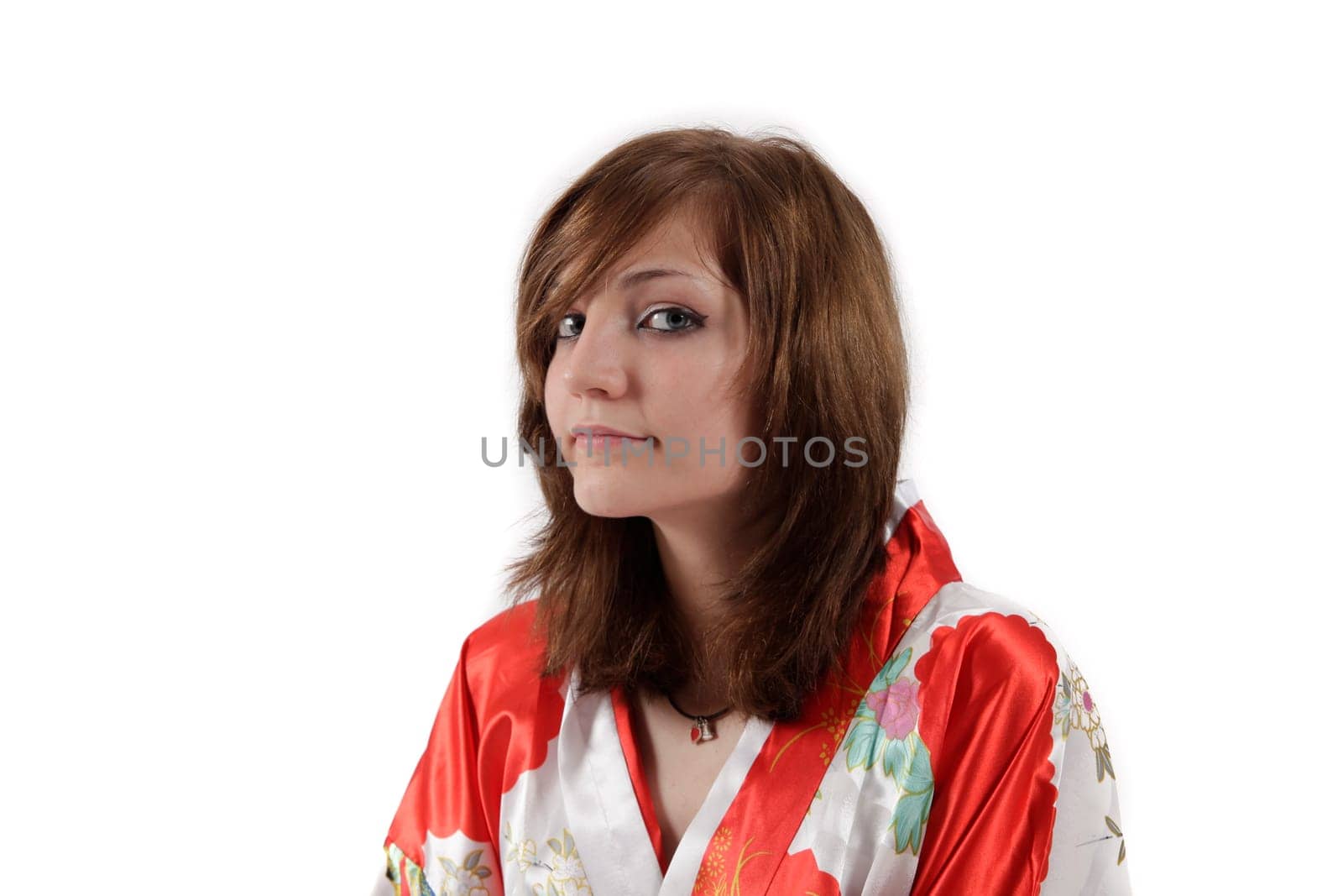french young girl geisha in red silk kimono