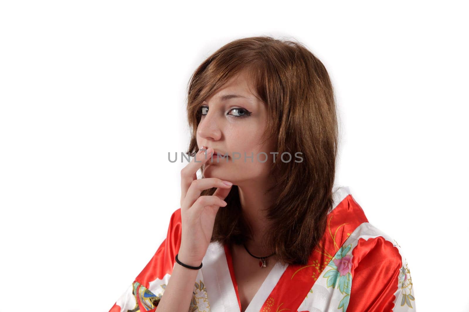 french young girl geisha in red silk kimono
