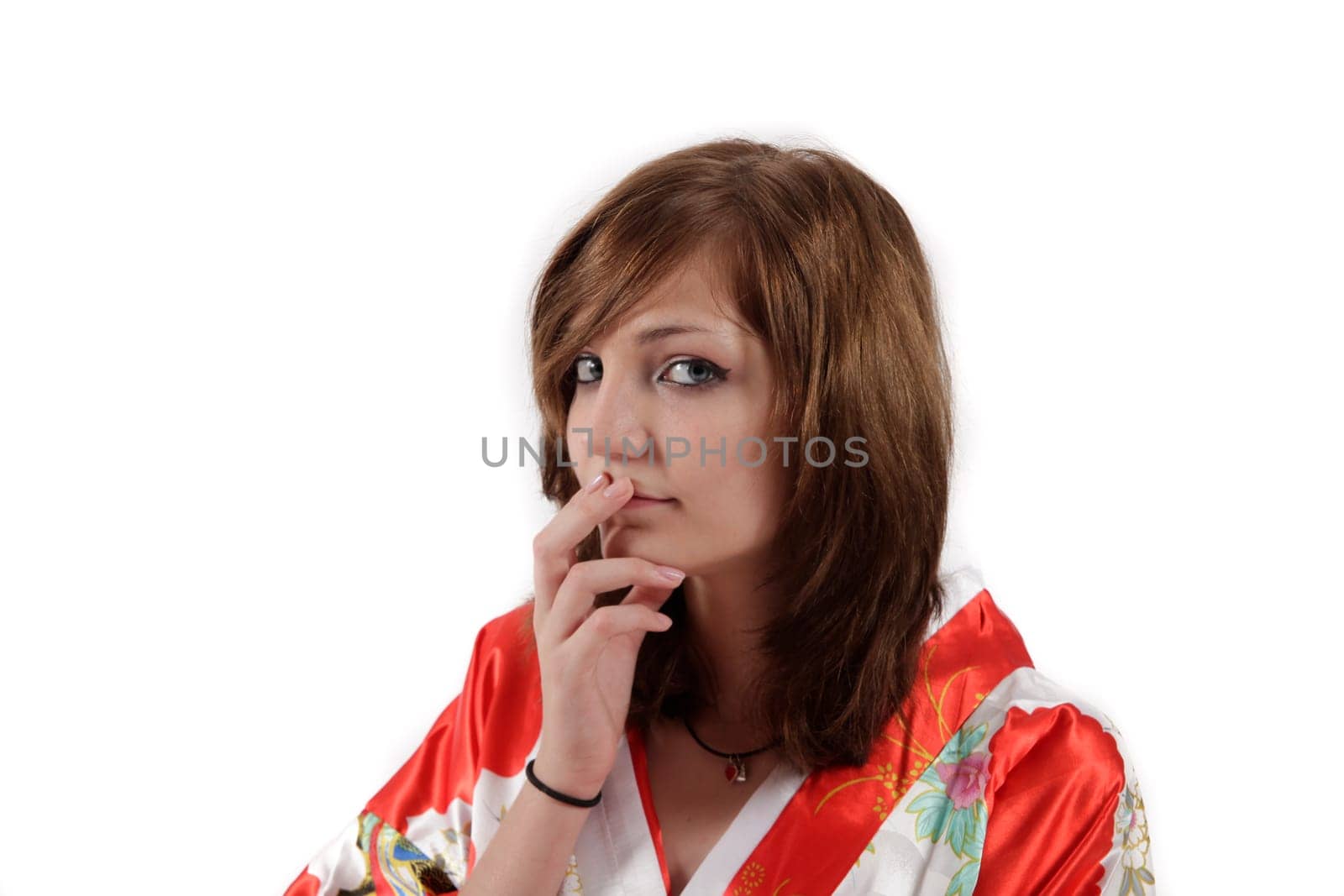 french young girl geisha in red silk kimono