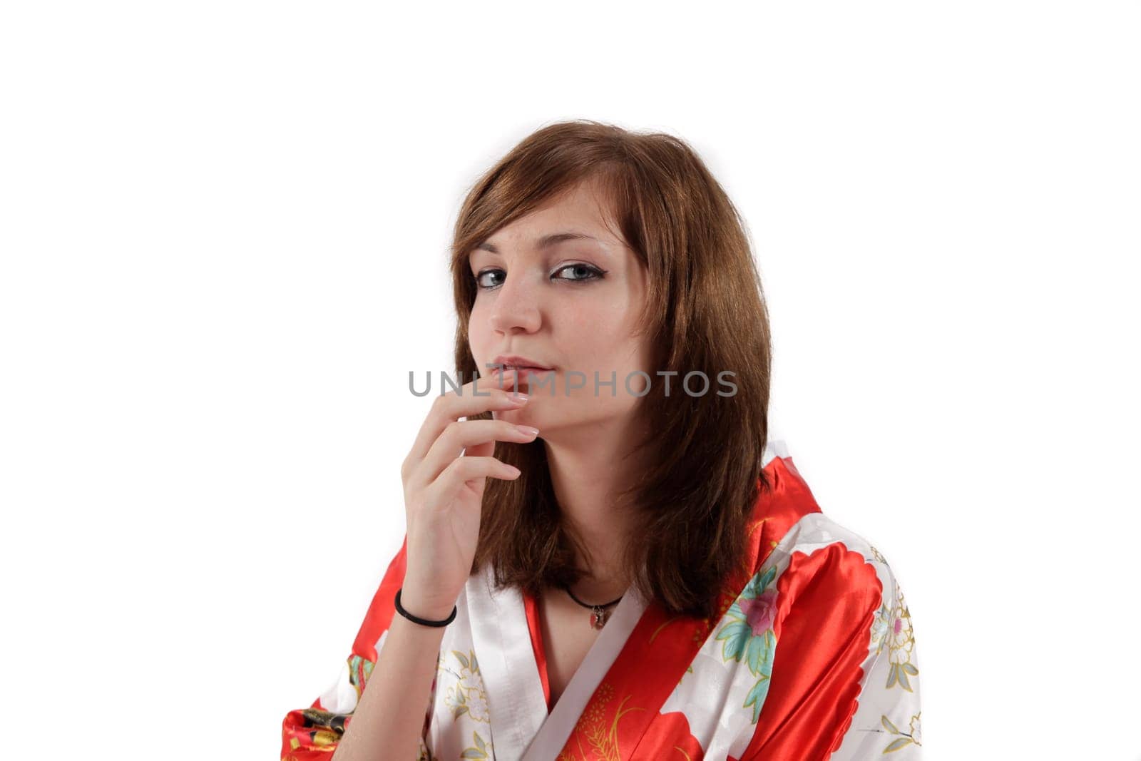 french young girl geisha in red silk kimono
