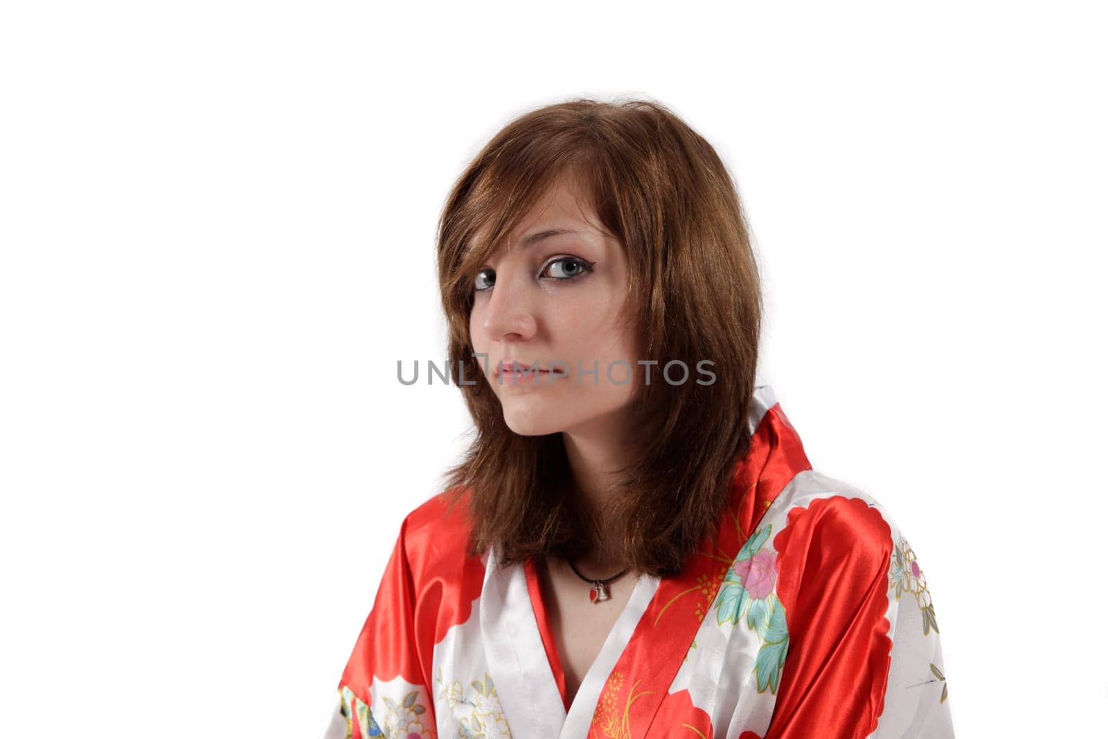 french young girl geisha in red silk kimono
