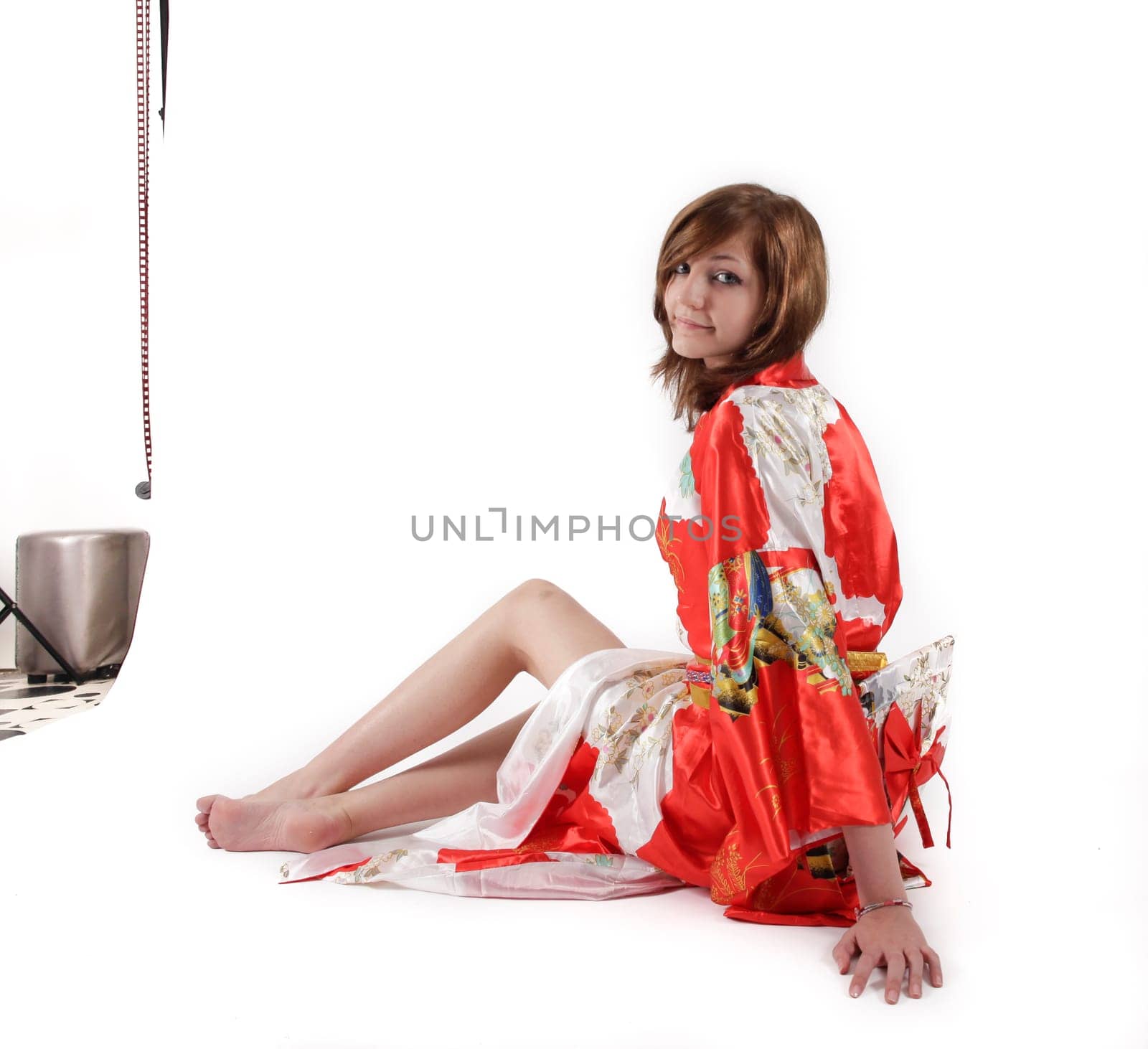 french young girl geisha in red silk kimono