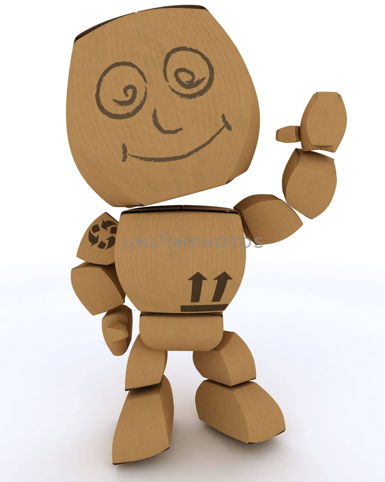 3D render of a Cardboard Box figure waving hello