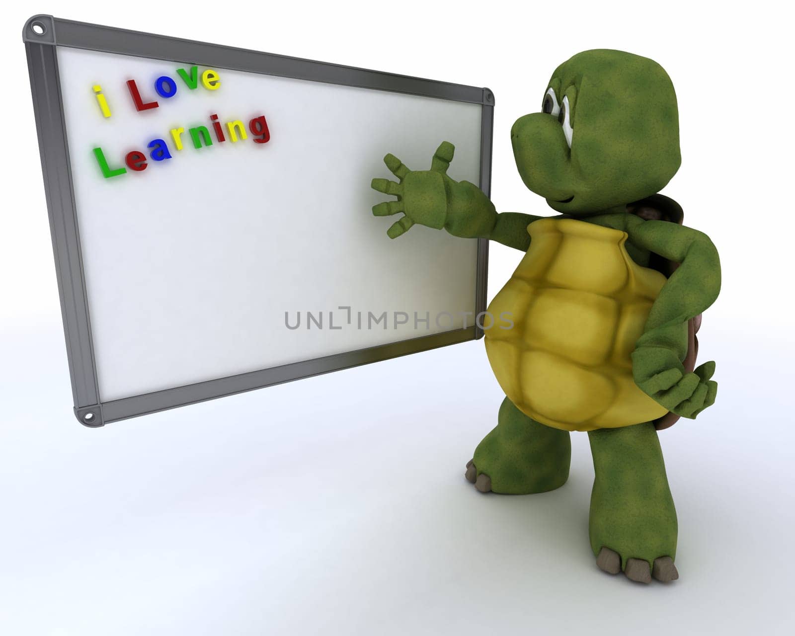 3D render of a tortoise with White class room drywipe marker board