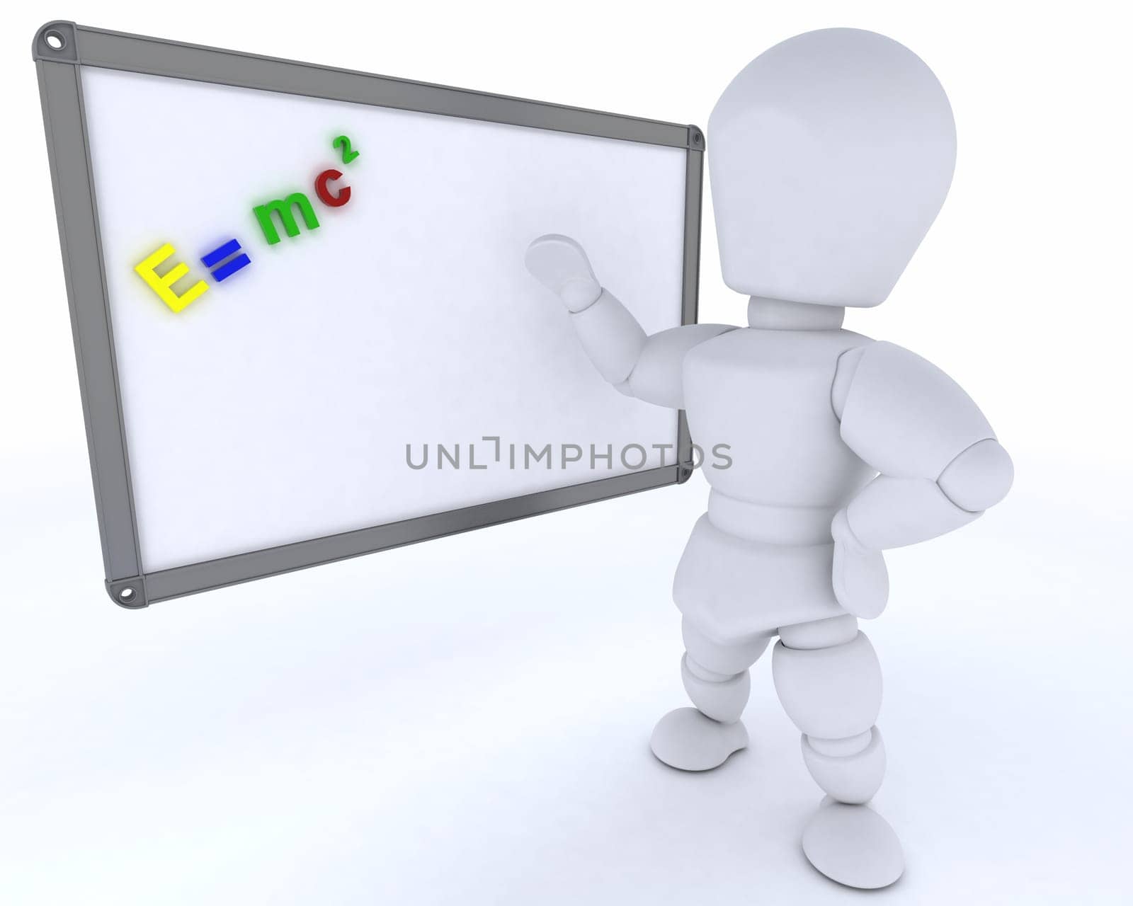 3D render of a man with White class room drywipe marker board