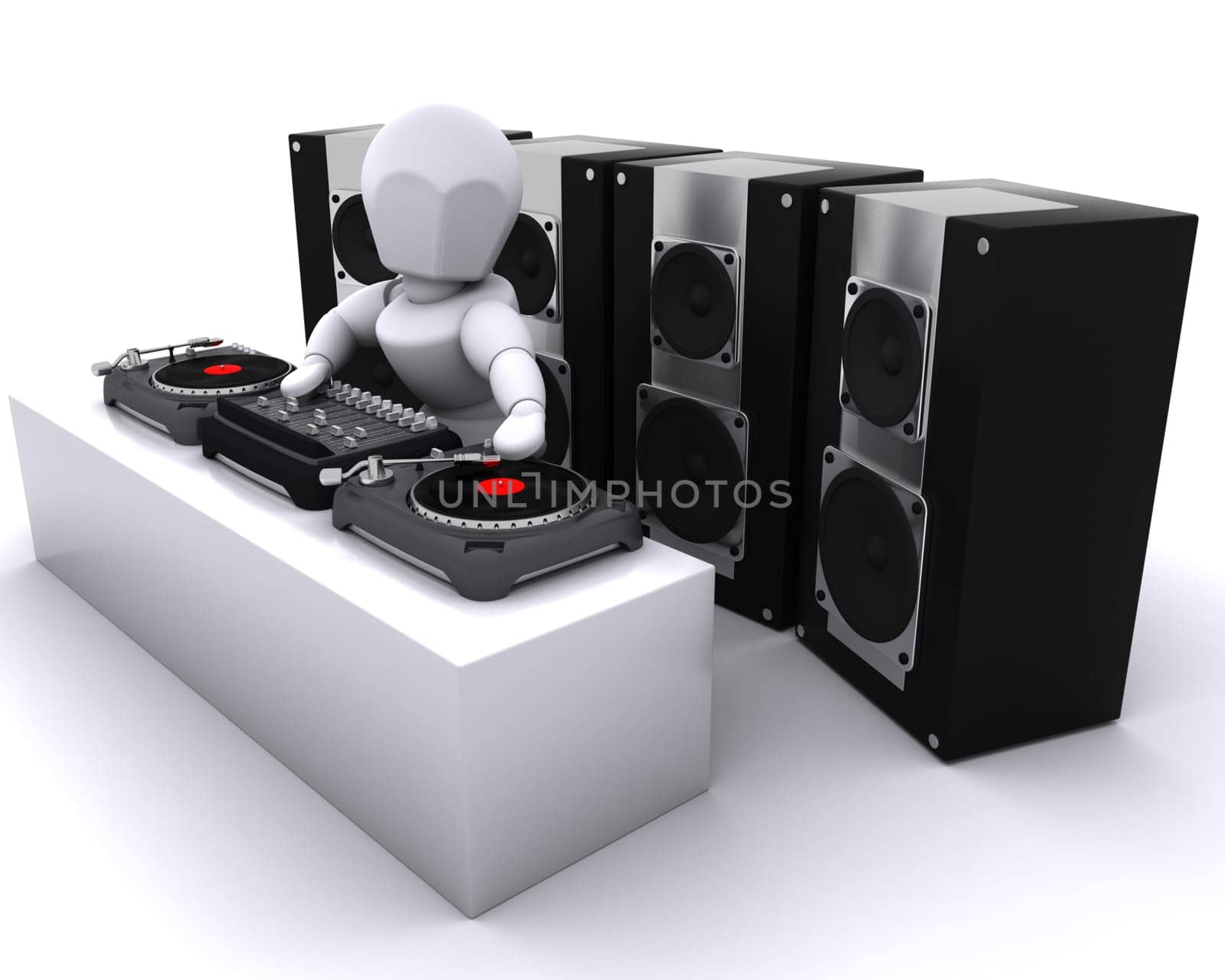 3D render of a DJ mixing records on turntables