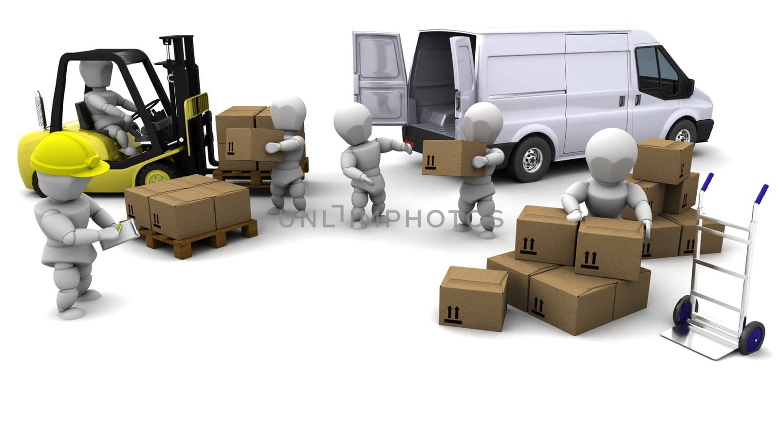 3D Render of Man Driving Fork Lift Truck Isolated on White
