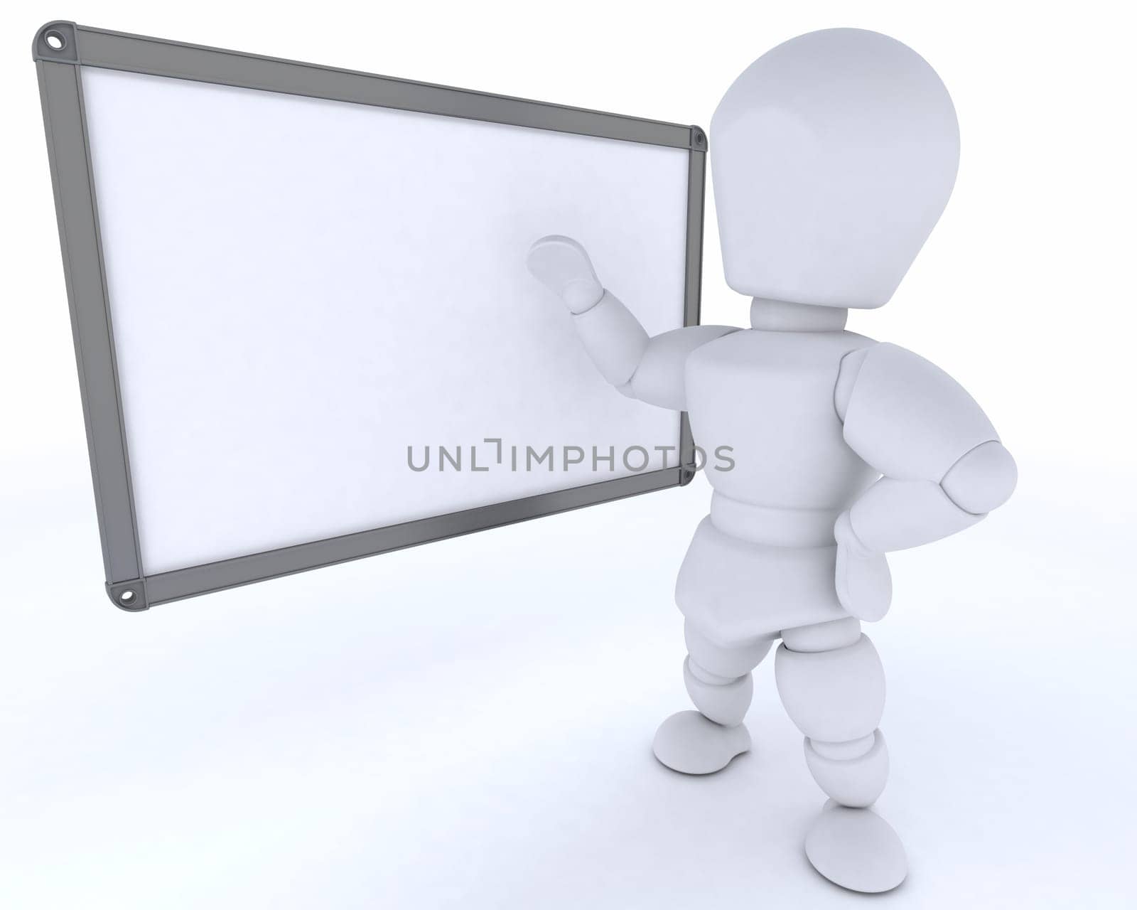 3D render of a man with White class room drywipe marker board