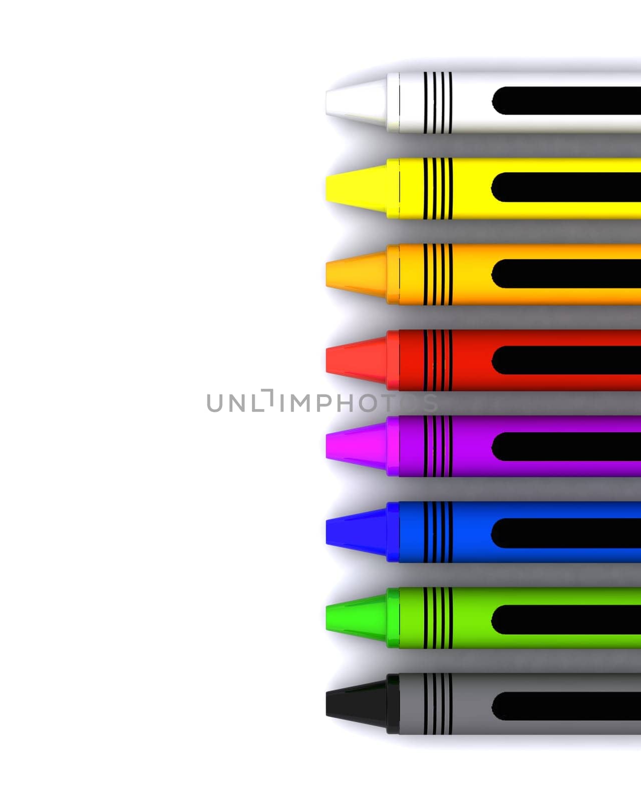 3D Render of coloured childrens wax crayons