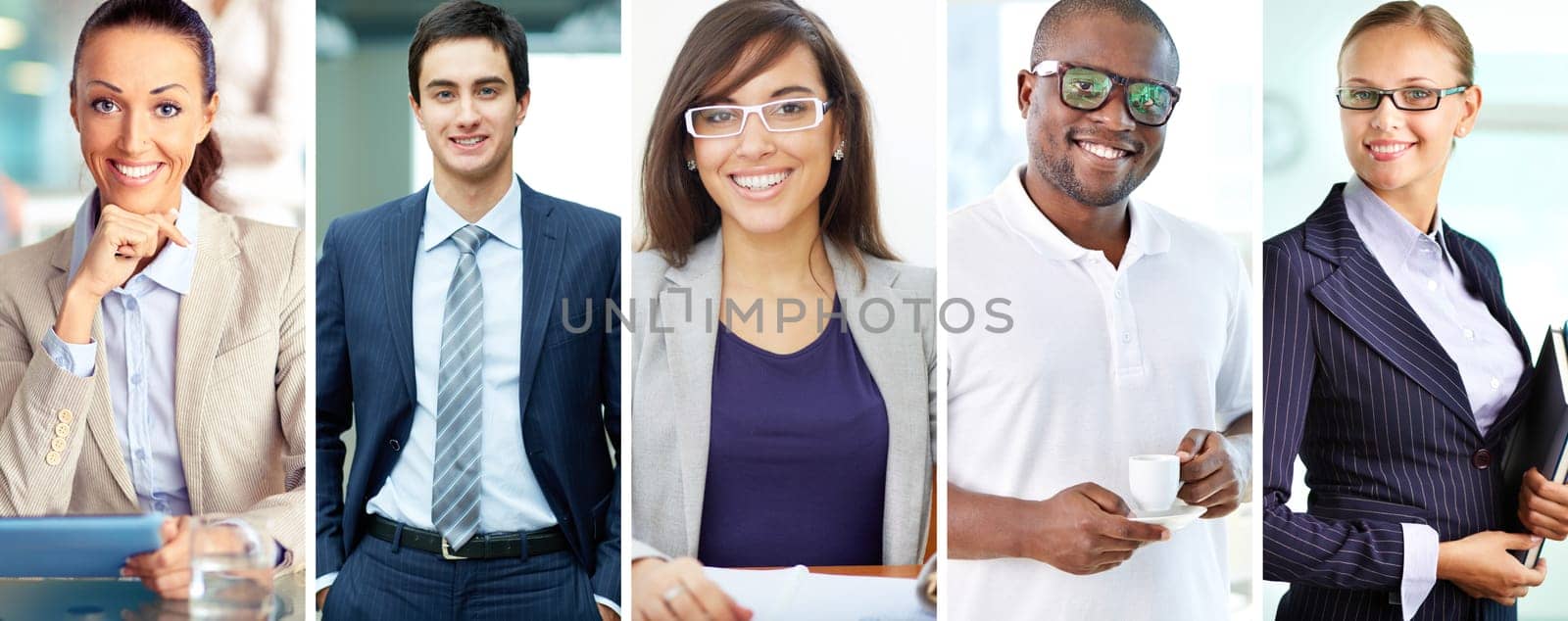 Collage of confident businesspeople in formalwear looking at camera