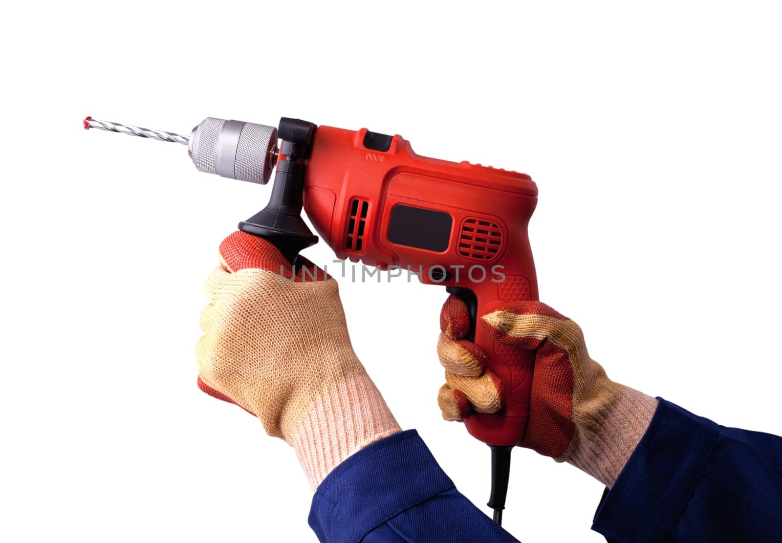 Gloved hands with an electric drill isolated on white background.
