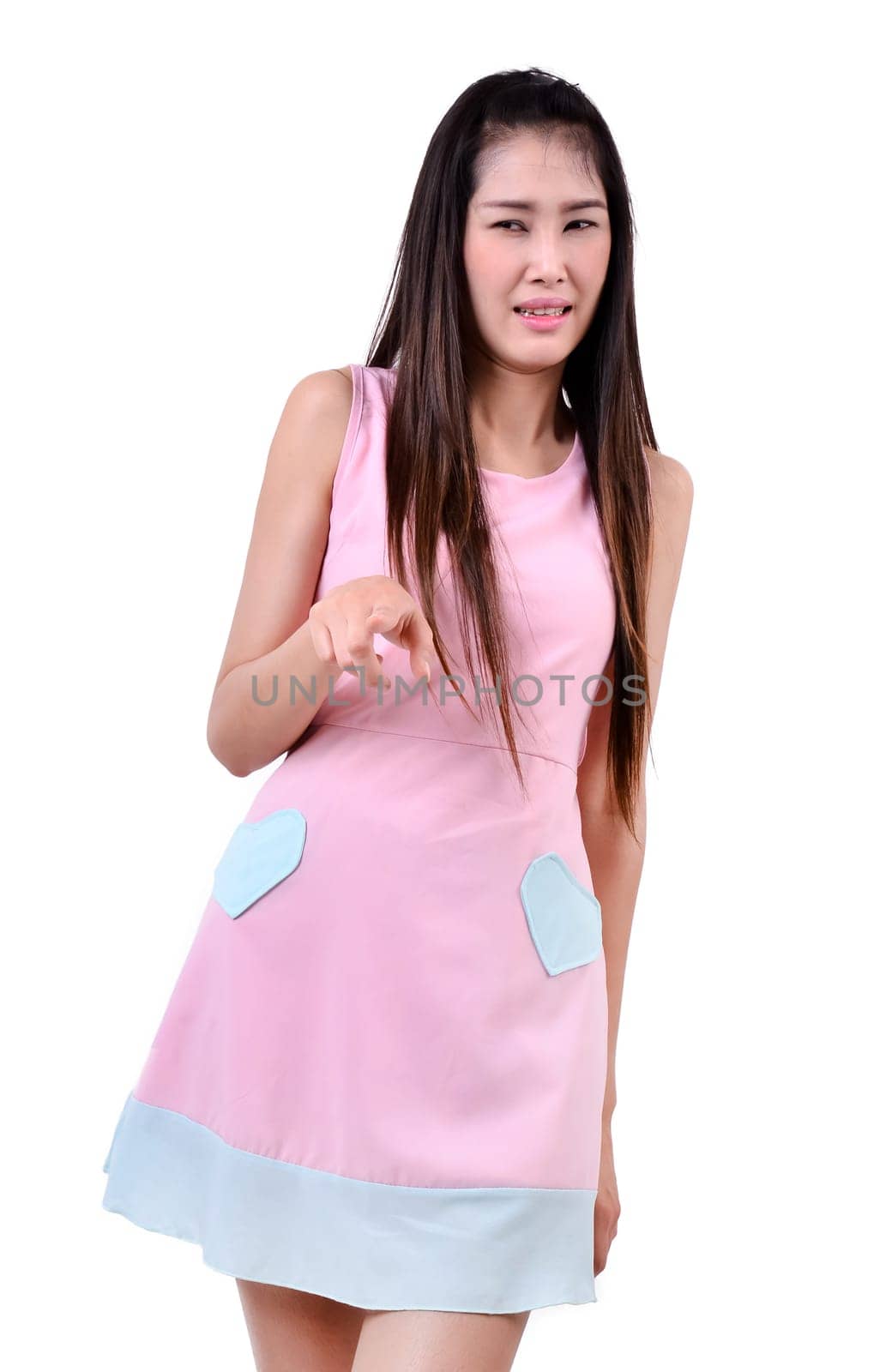 pretty  woman with disgusted expression on white background