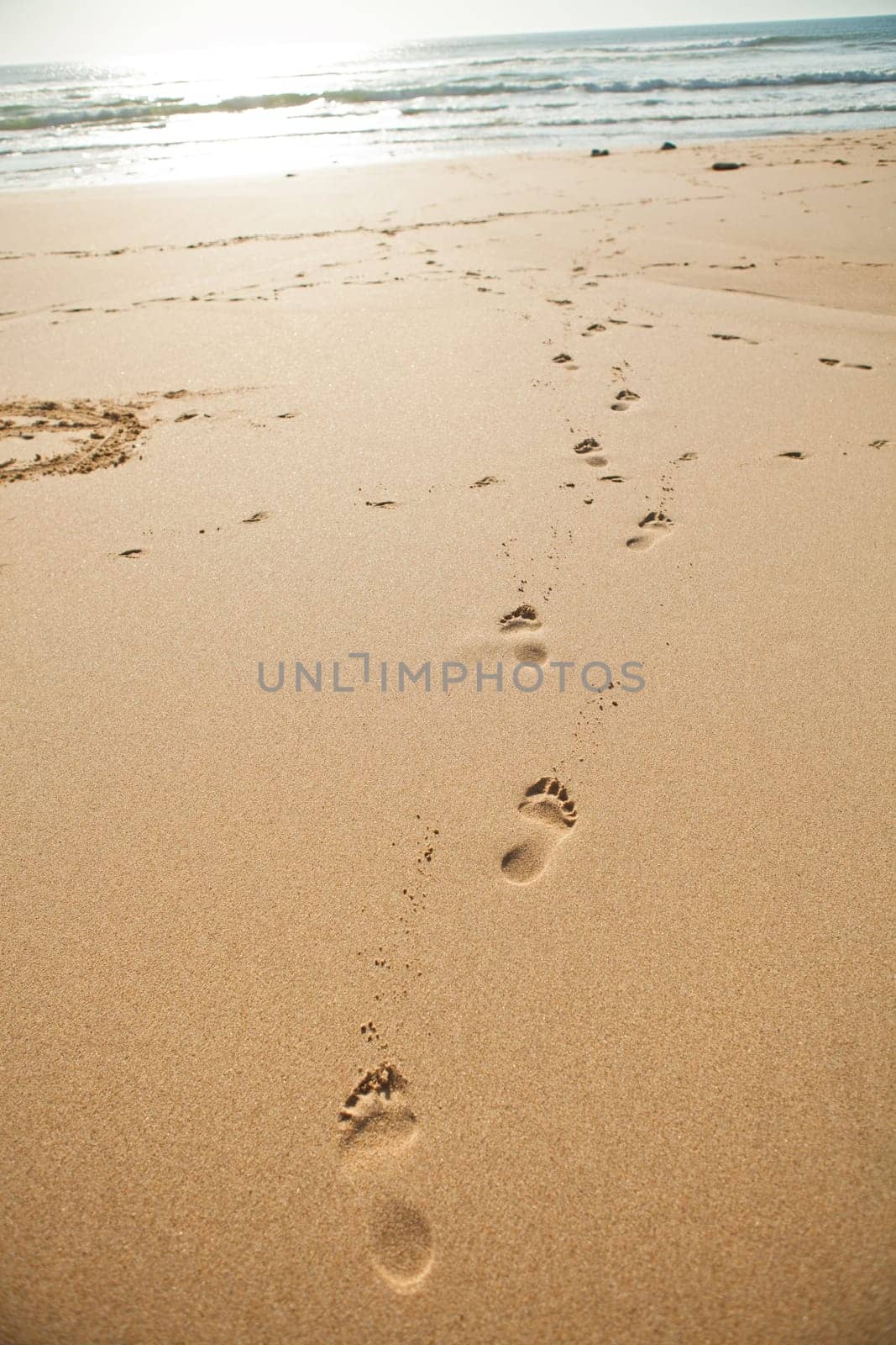 Footprints in the sand on the beach on a sunny day