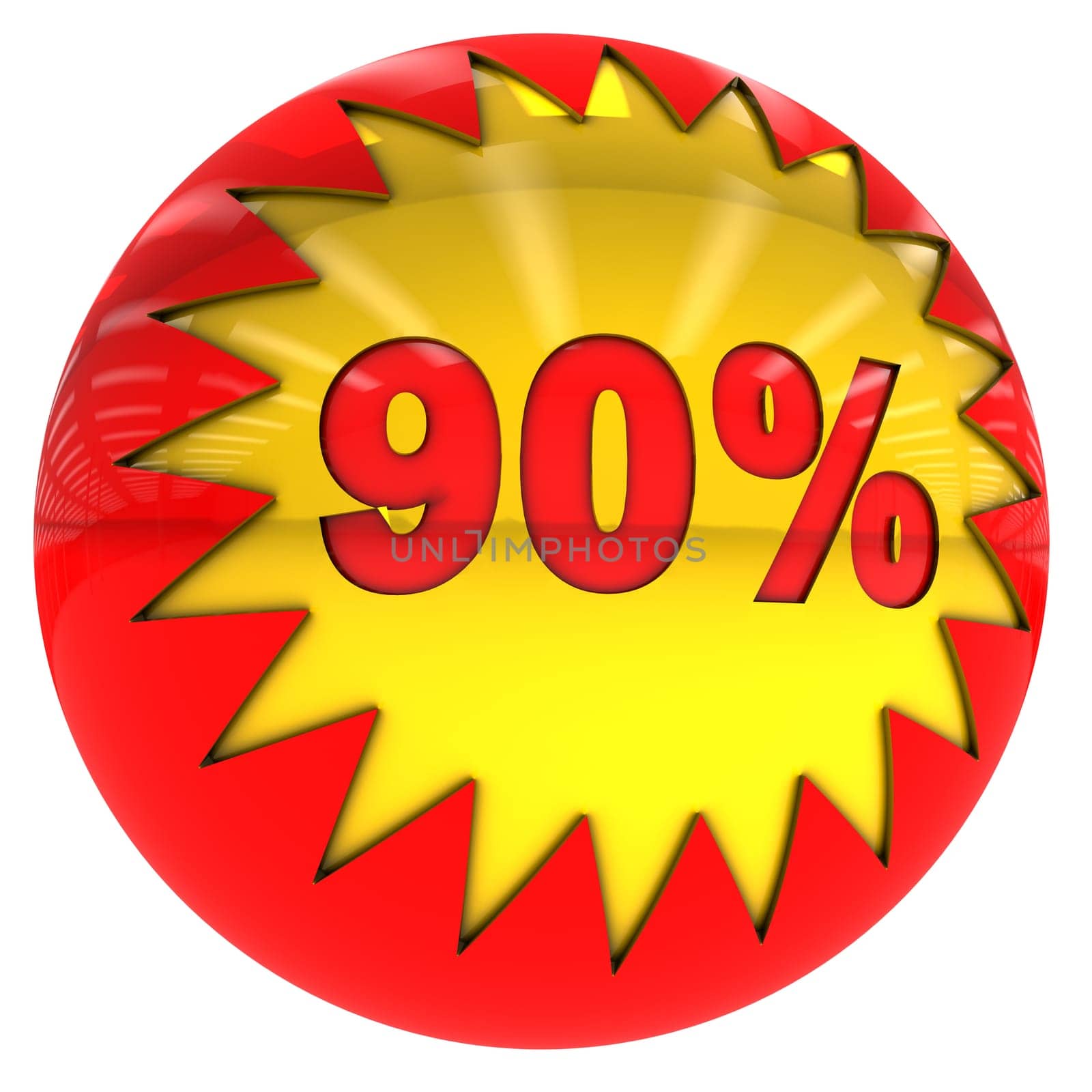 3d sphere with star and ninety percent with clipping path and isolated on white