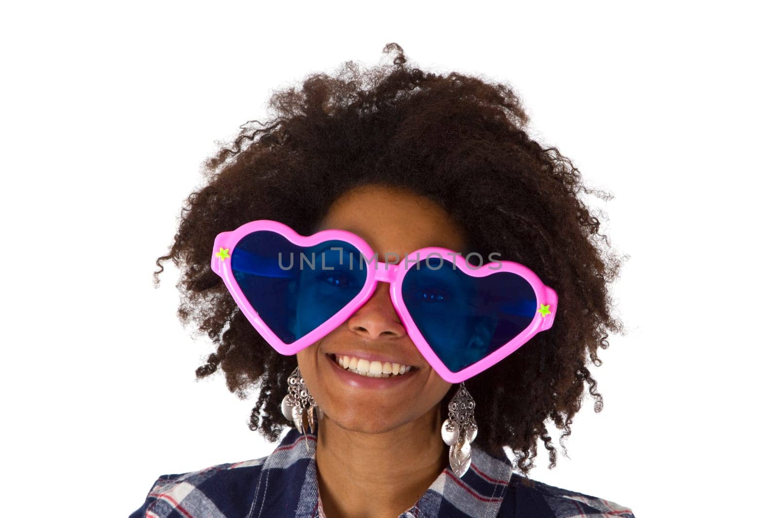 Young African-American woman with funny sunglasses - exposed on white background