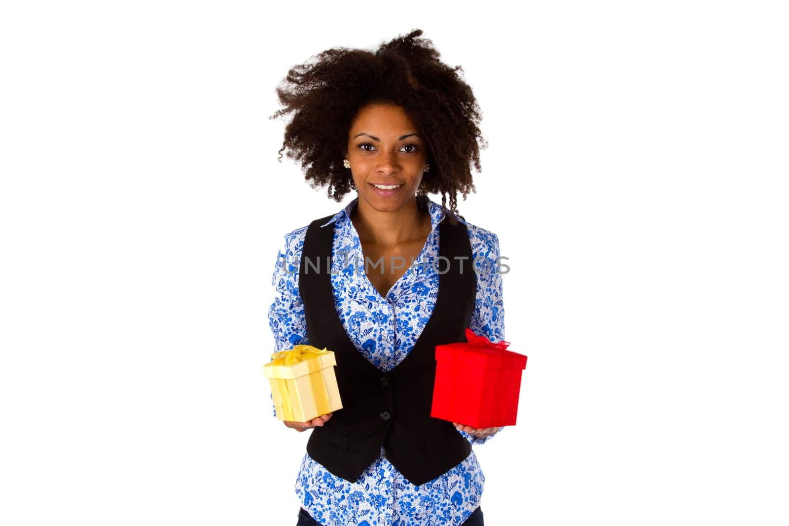 Young African-American woman with two gift boxes - detached on a white background