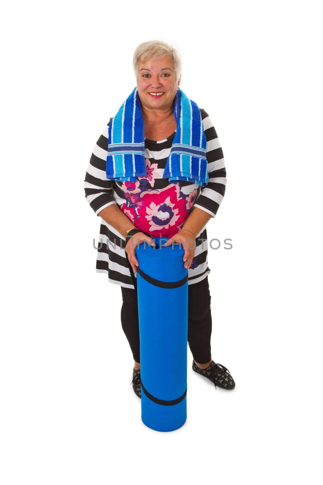 Senior citizen with gymnastics mat - cropped on white background