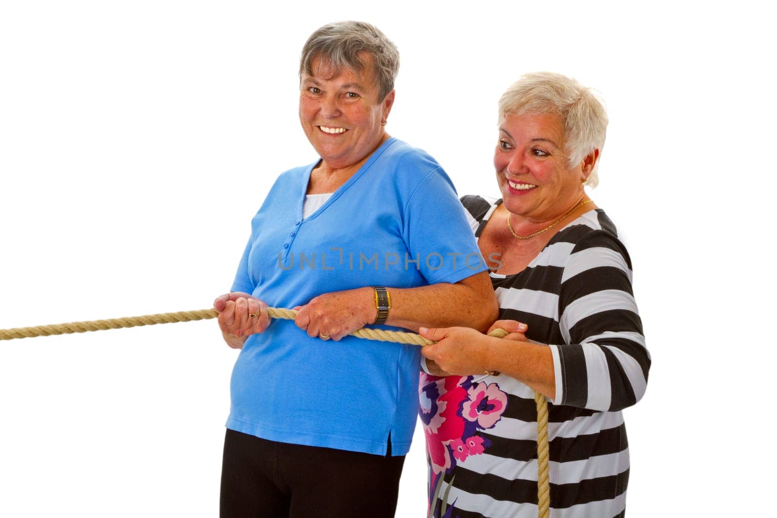 Senior citizens pull together - released on a white background