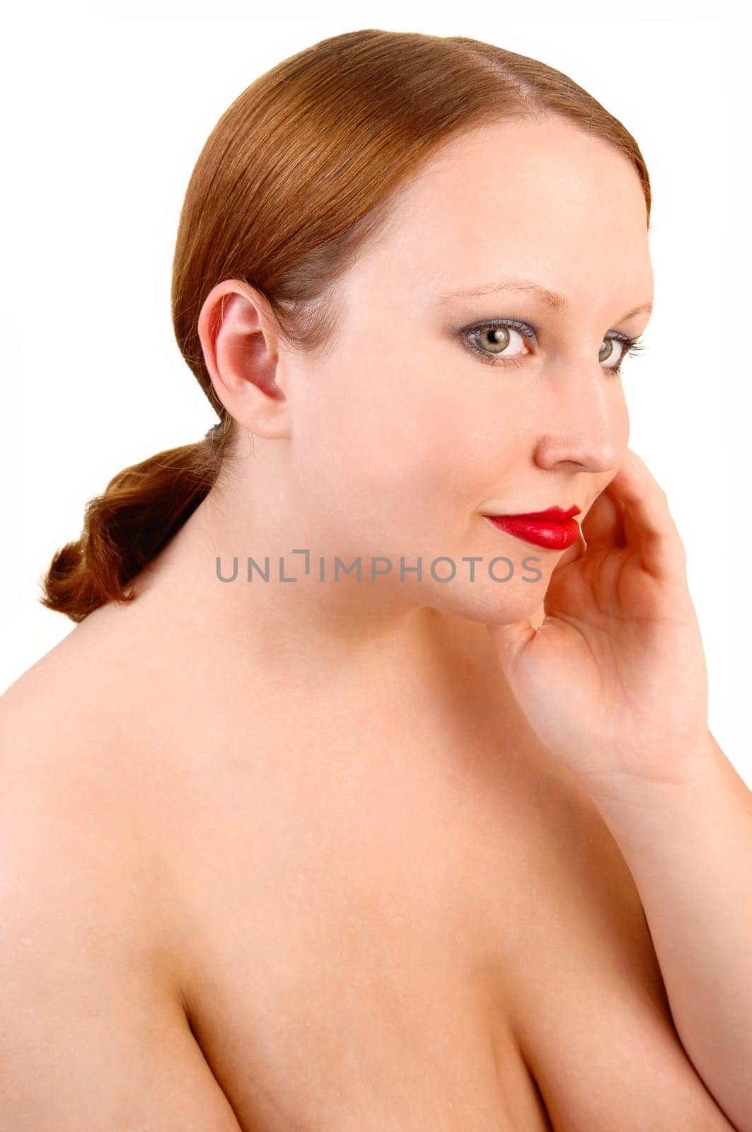 A closeup portrait of a beautiful young woman for white background.