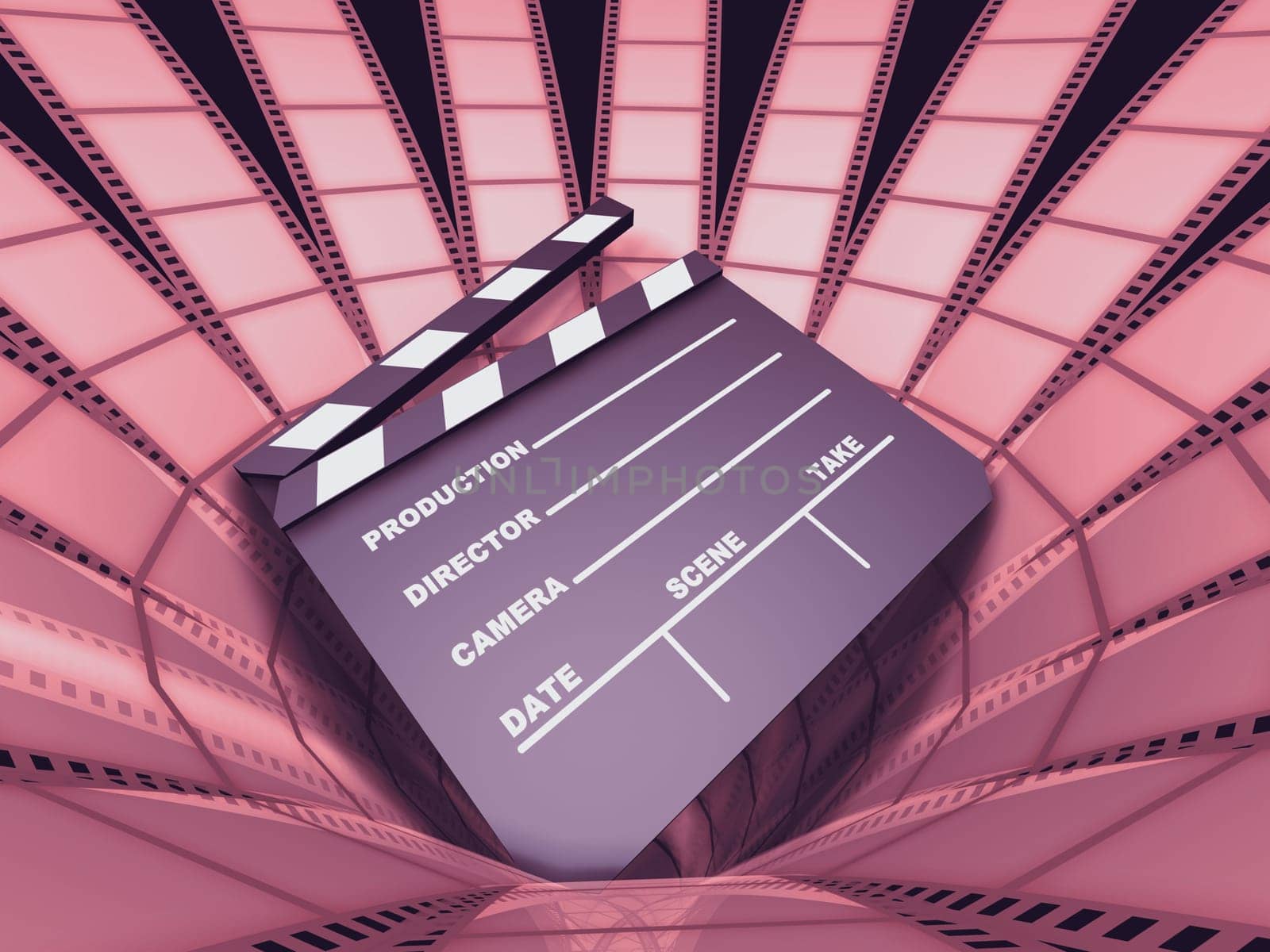 Clapboard in the middle of a lot of film strips.