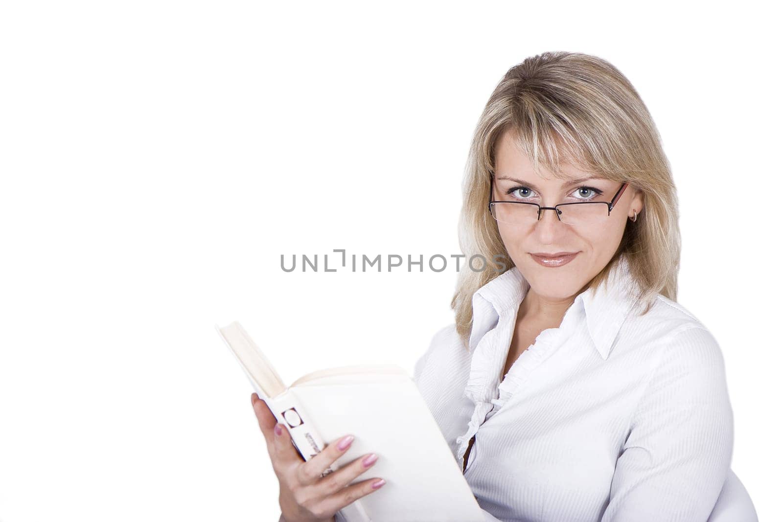 The blonde in eyeglasses with the book in hands