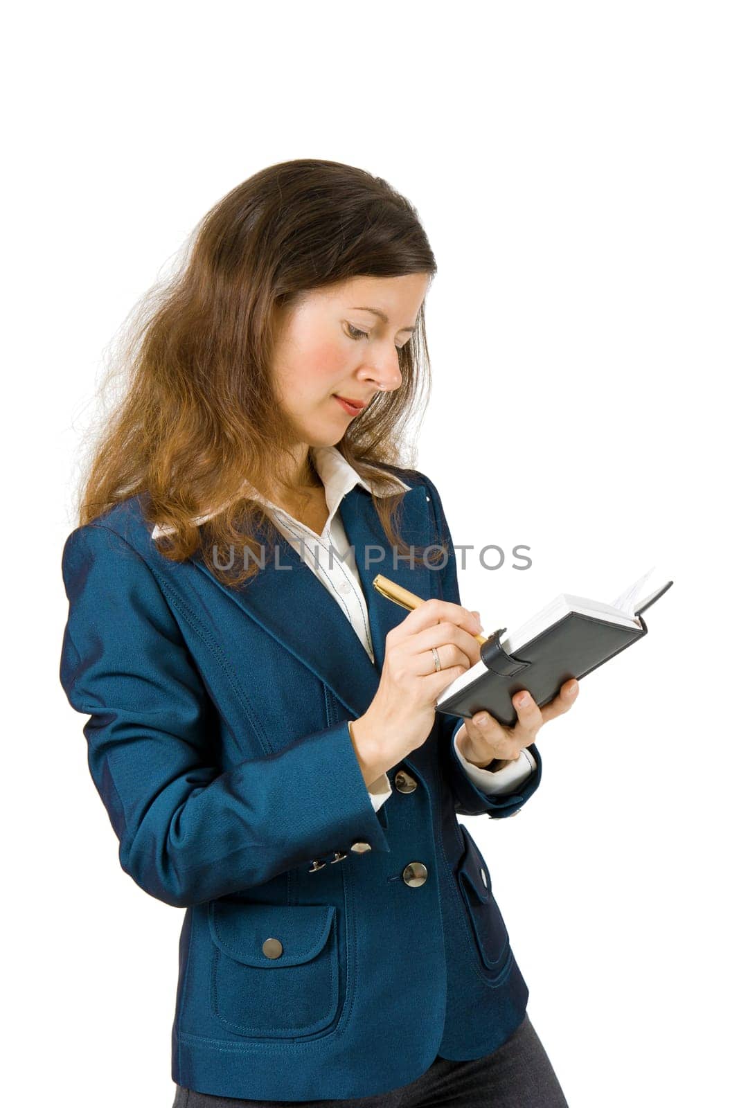 young girl wrote in a book on the isolated background