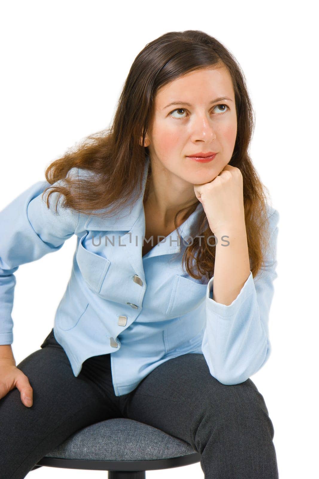 business woman thinking while sitting in a chair on the isolated background