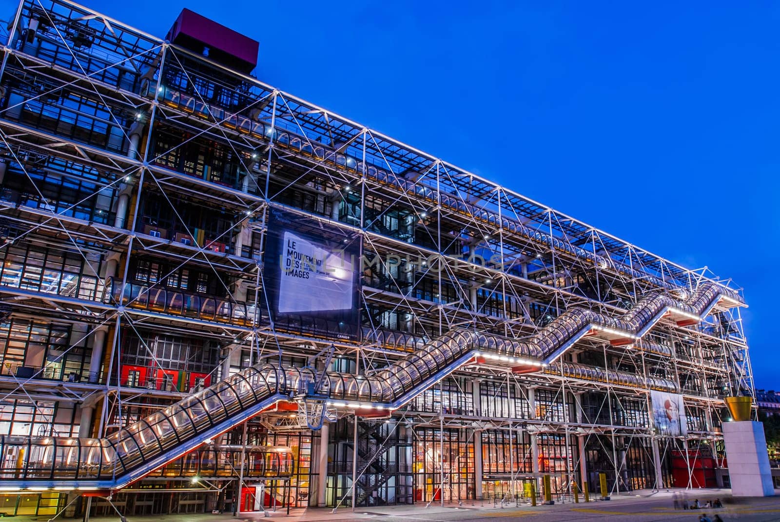 Paris, France - July 01, 2005: Beaubourg area with the Georges Pompidou Center Museum  at night at the city of Paris in France on july 1st, 2005