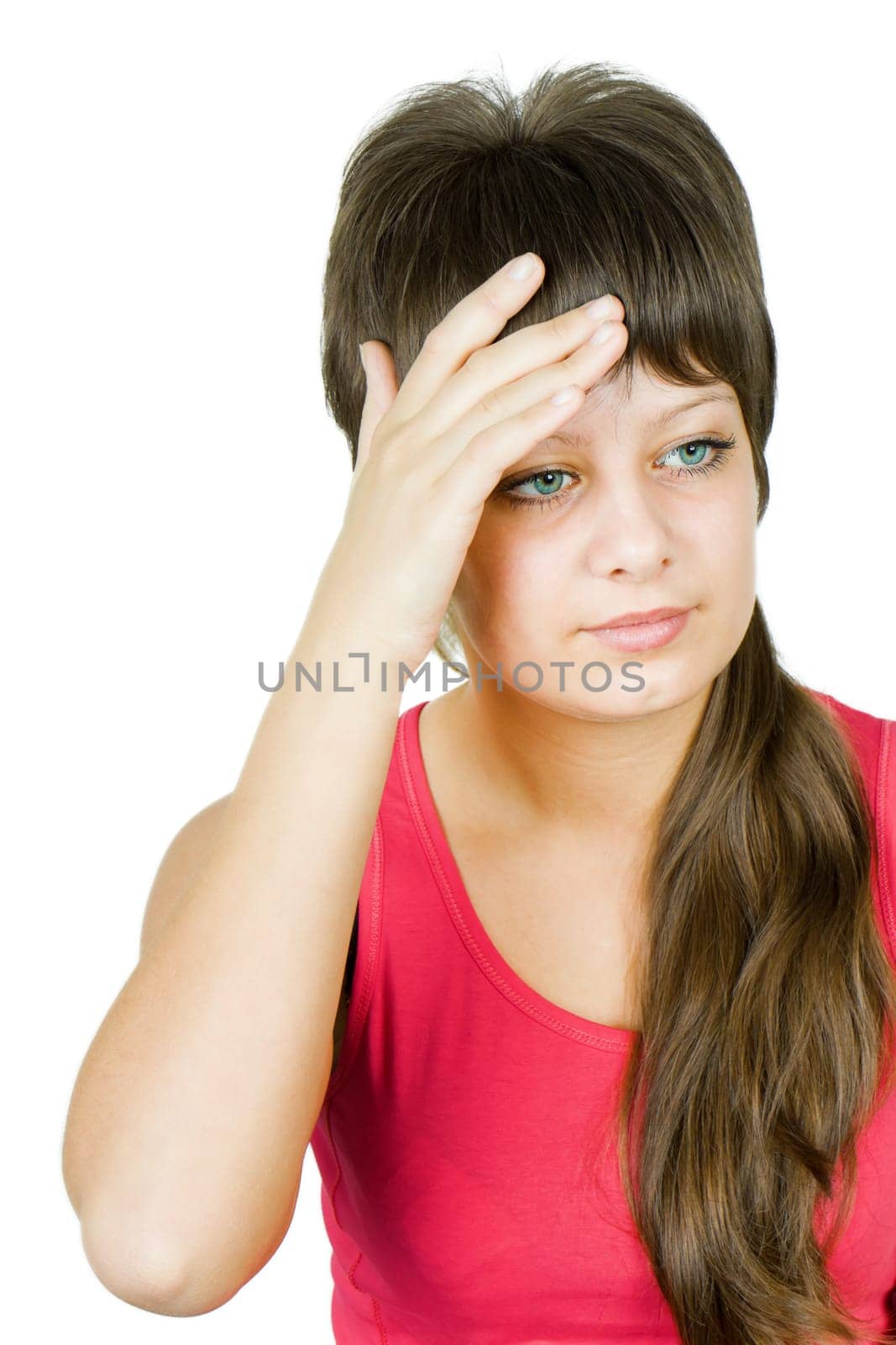 patient was a young woman holding his head on a white background