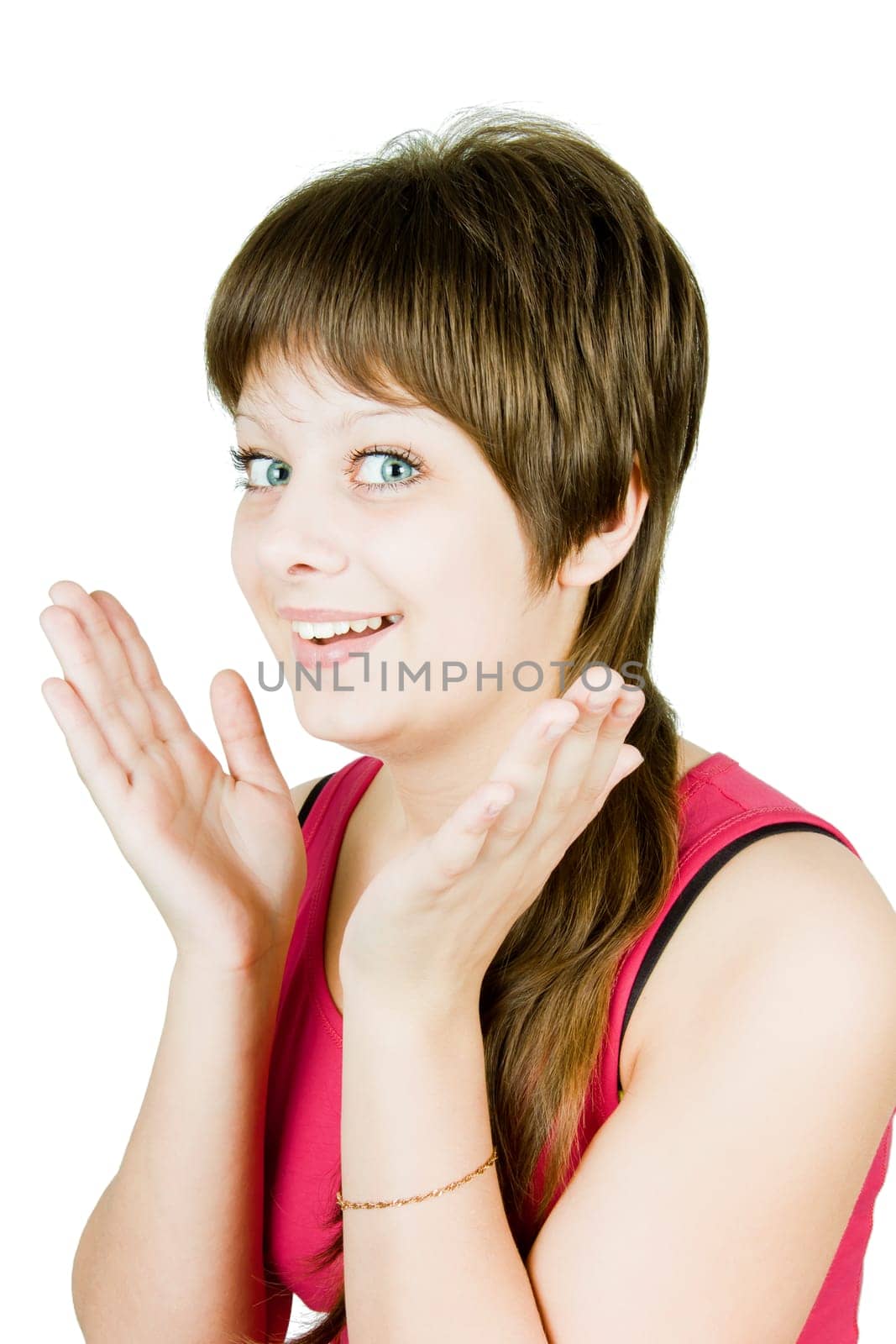 on a white background beautiful delighted happy girl with blue eyes