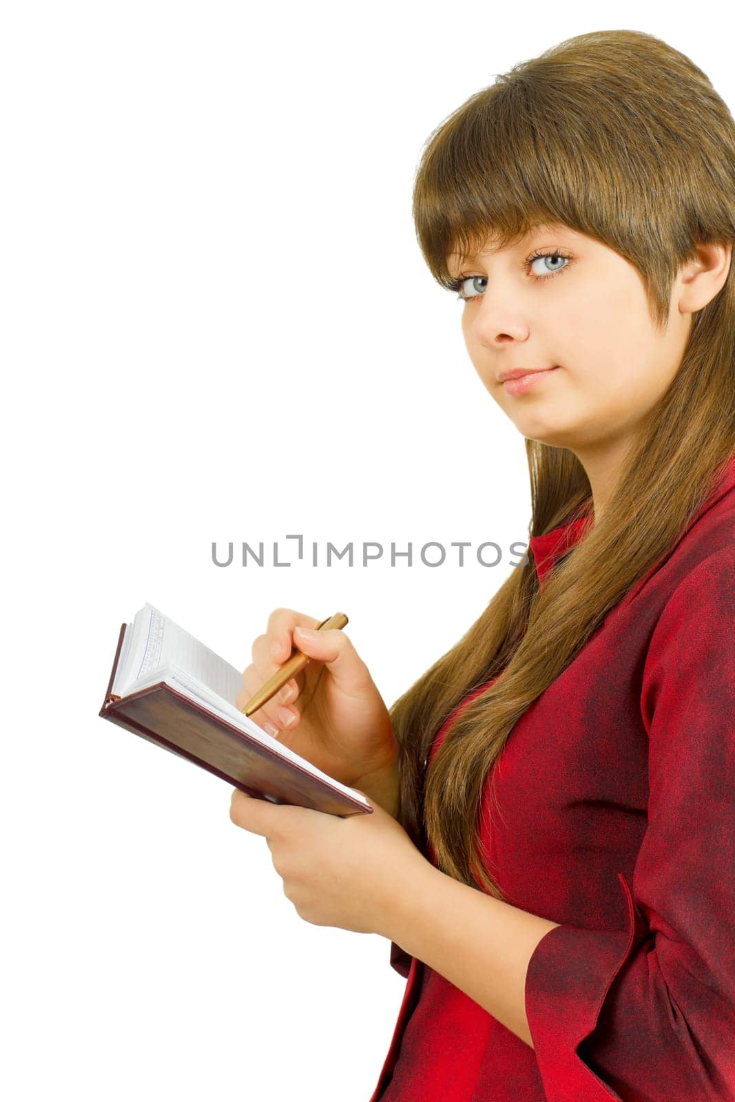 young beautiful girl with a notebook. Isolated white background