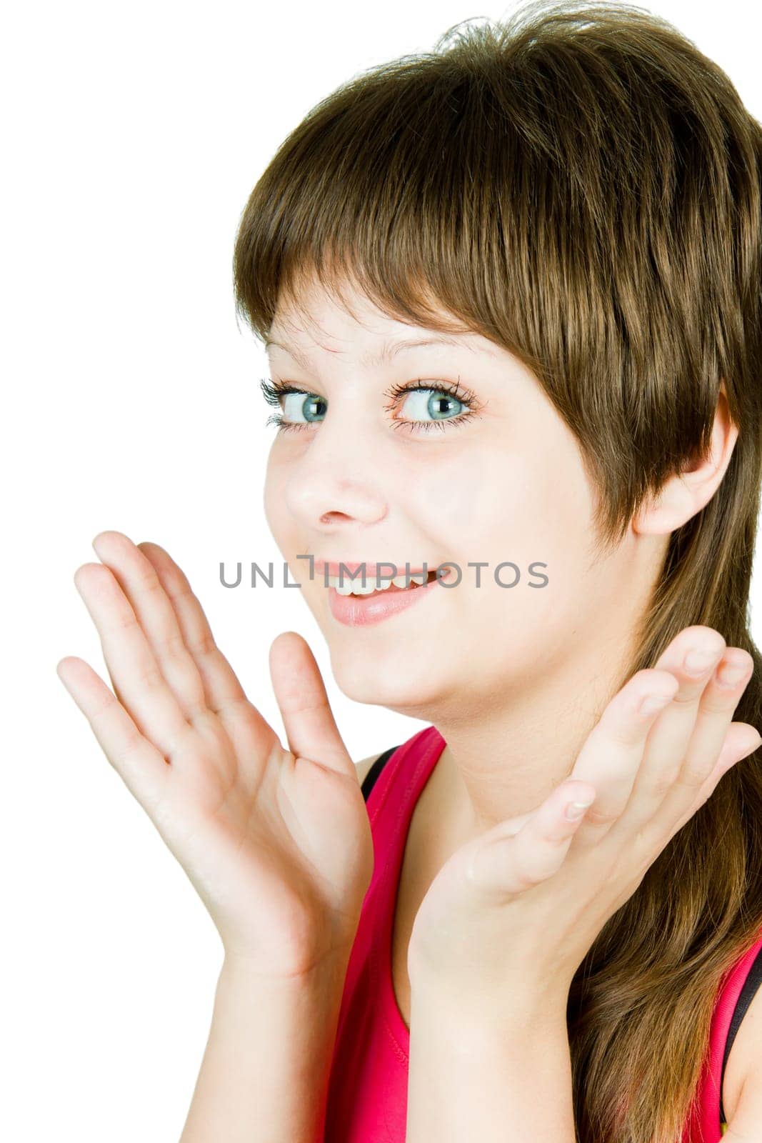 on a white background beautiful delighted happy girl with blue eyes