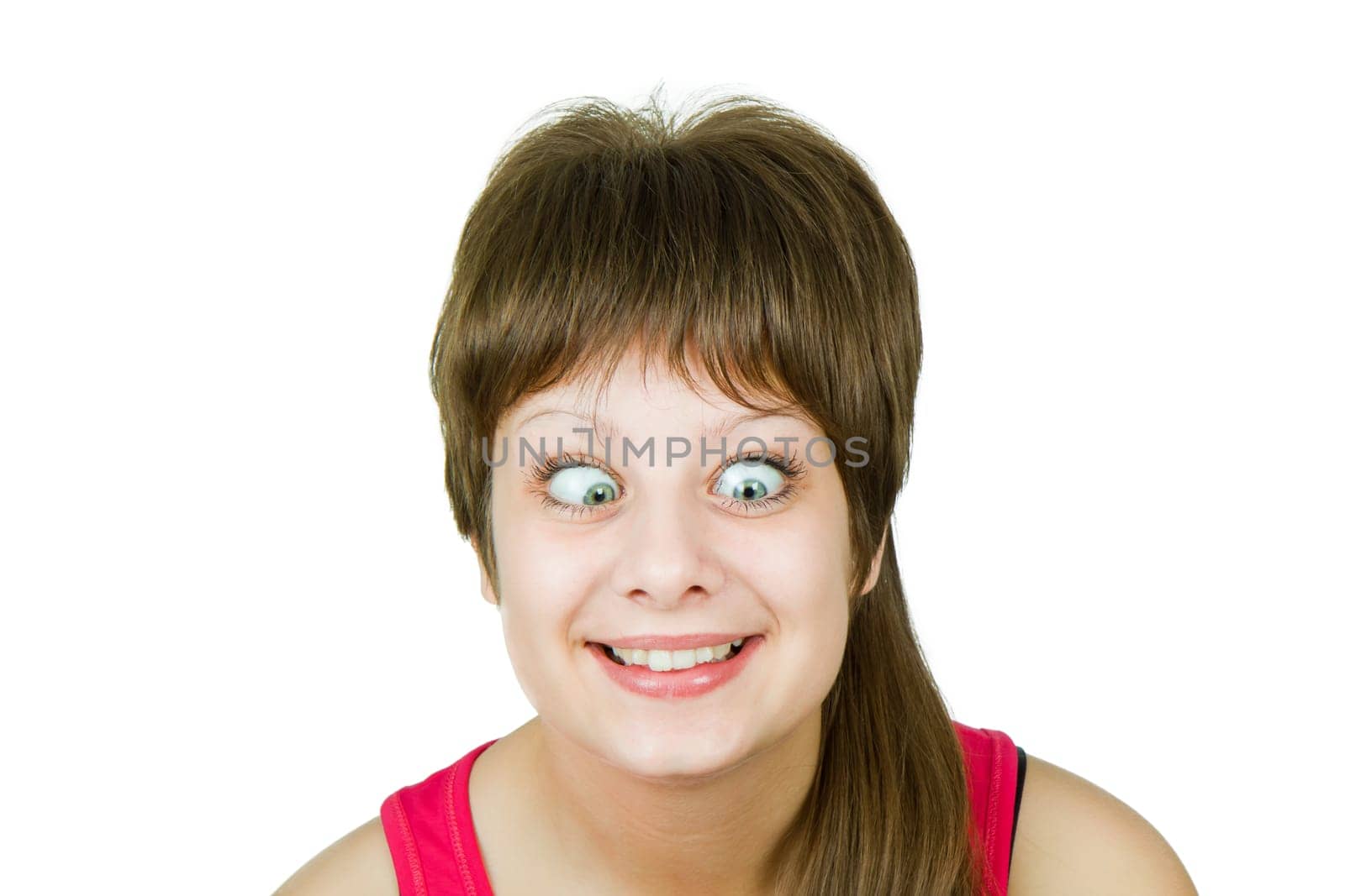 Girl with insane eyes on the isolated background