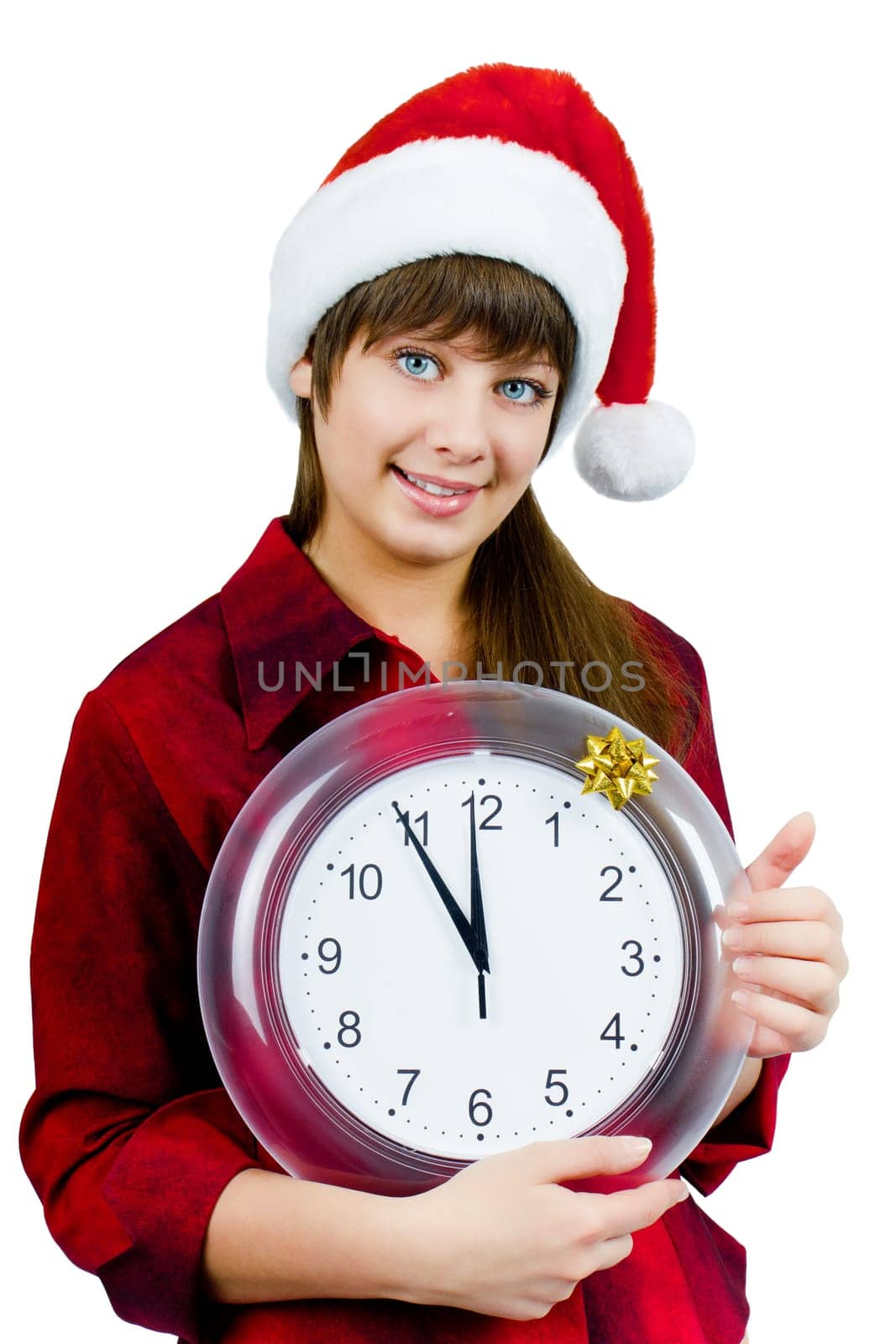 Santa girl with the clock on an isolated white background