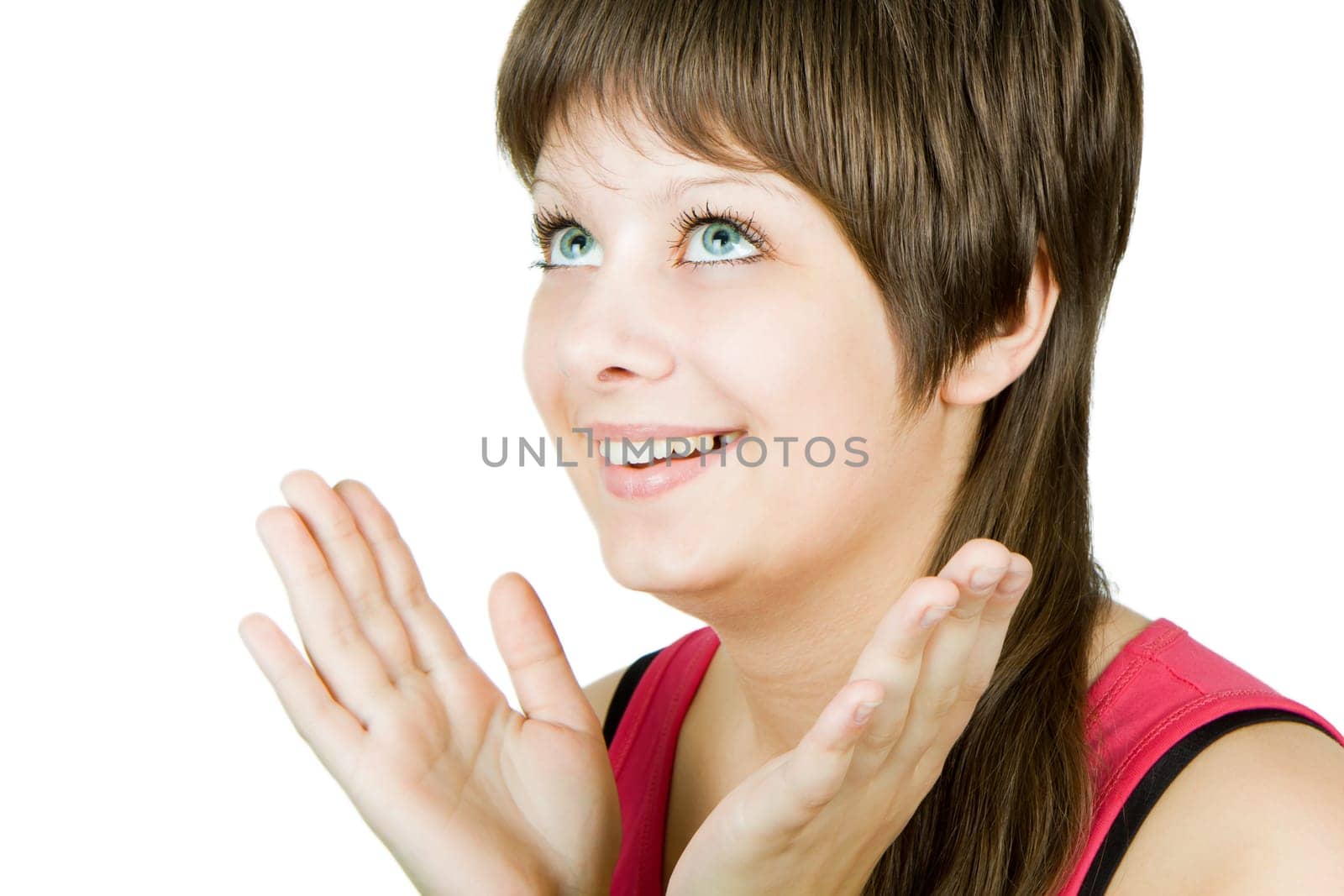on a white background beautiful delighted happy girl with blue eyes