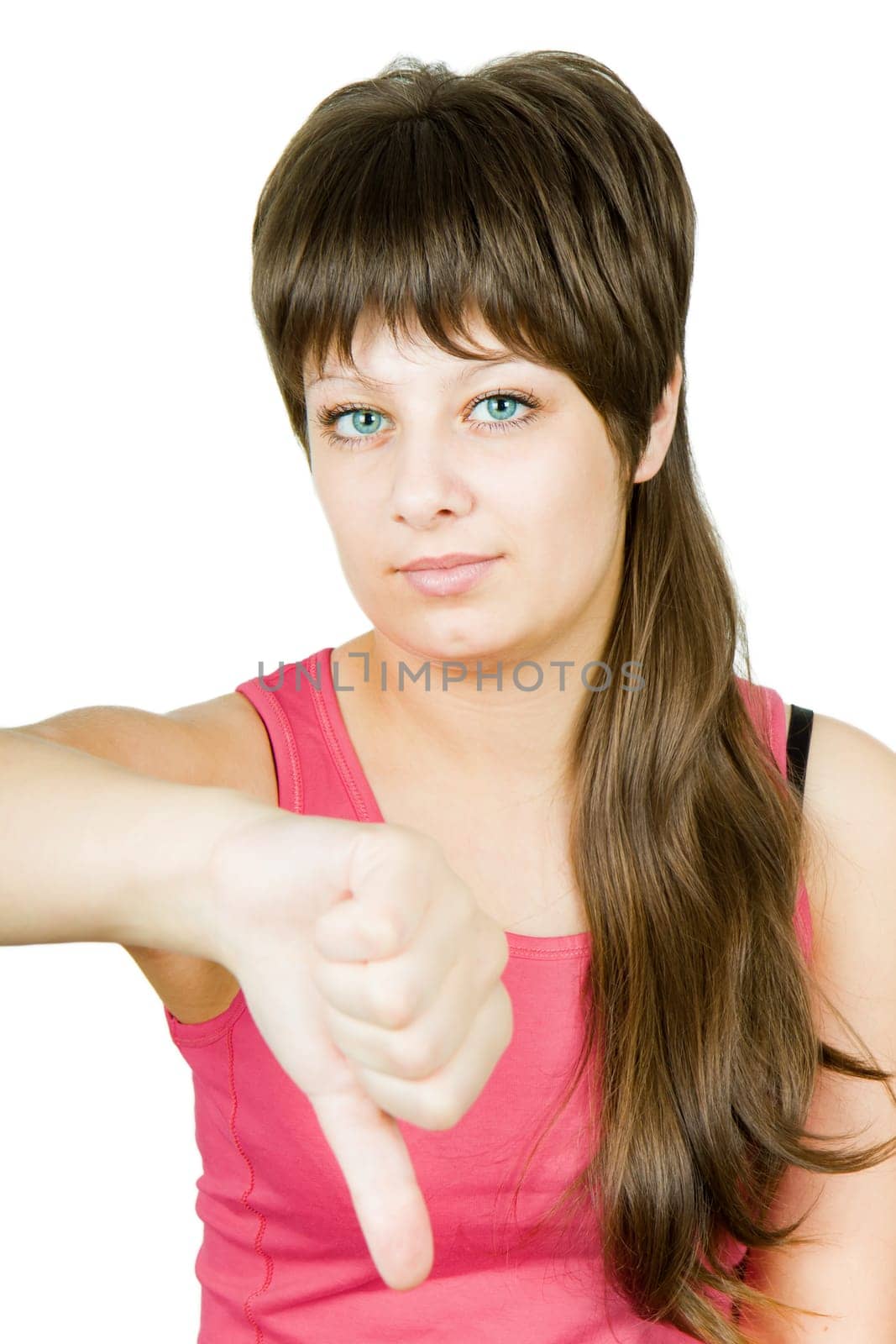 Teen gesture expresses contempt and resentment against the white background