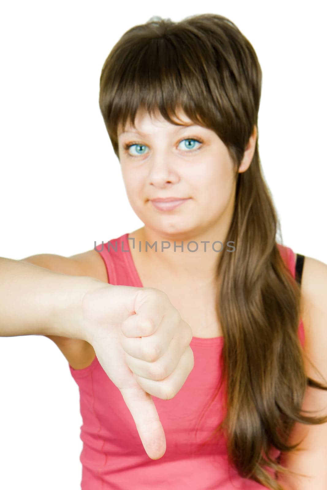 girl on isolated white background shows a gesture against