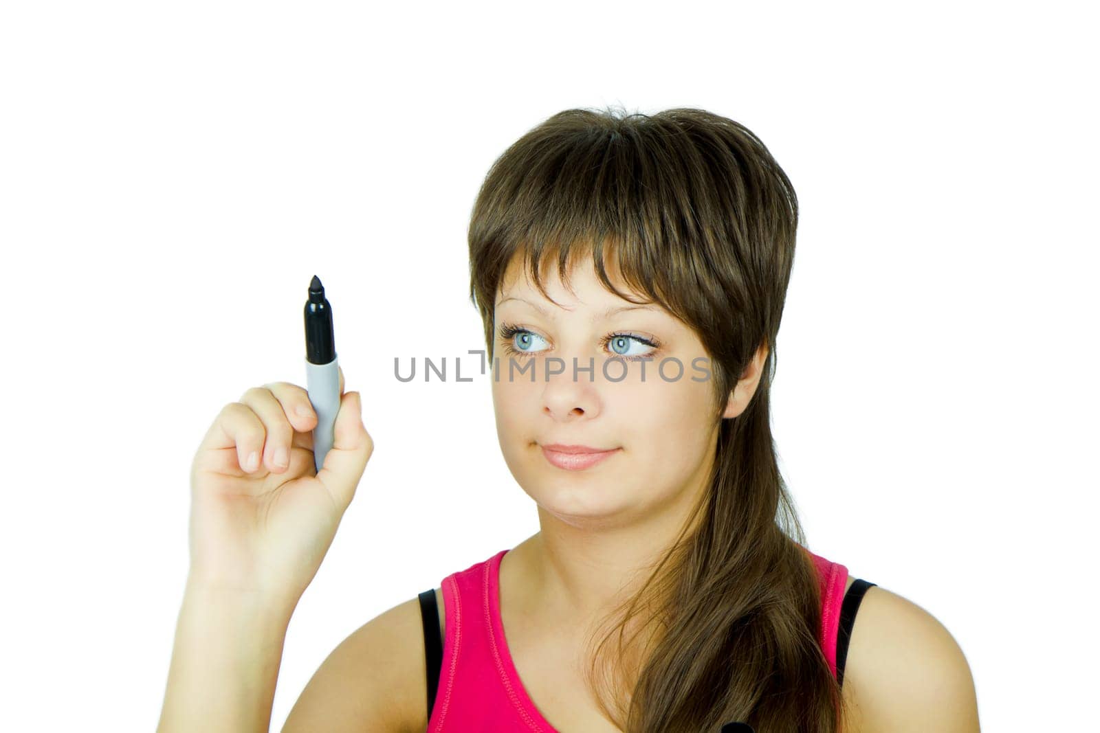 beautiful young blue-eyed girl holding a black marker