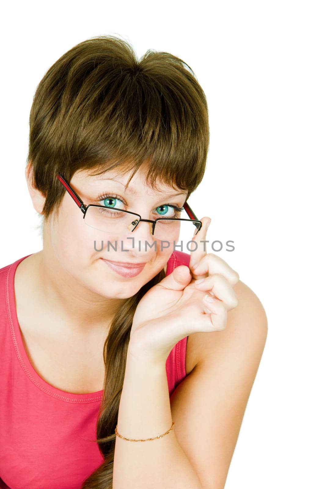 portrait of blue-eyed girl with glasses on an isolated white background
