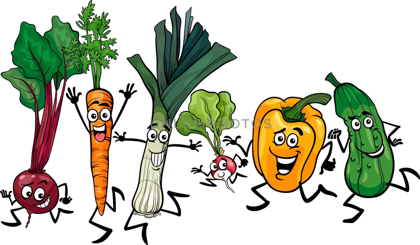 Cartoon Illustration of Happy Running Vegetables Food Characters Group