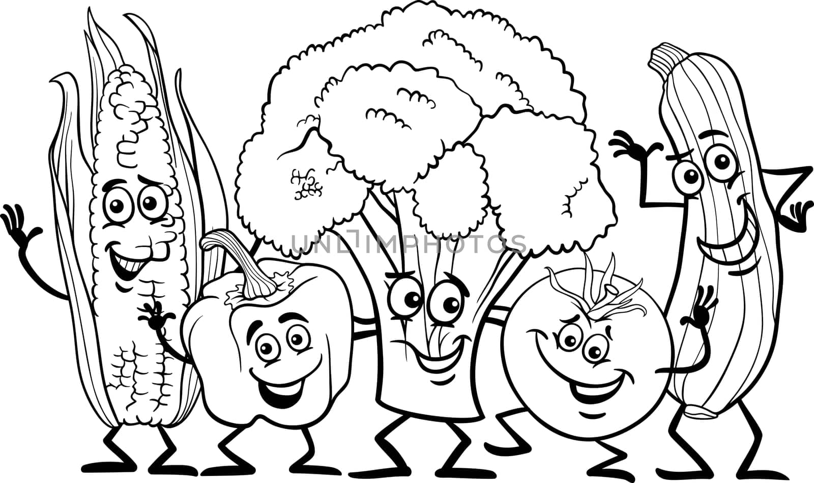 Black and White Cartoon Illustration of Happy Vegetables Food Characters Group for Coloring Book